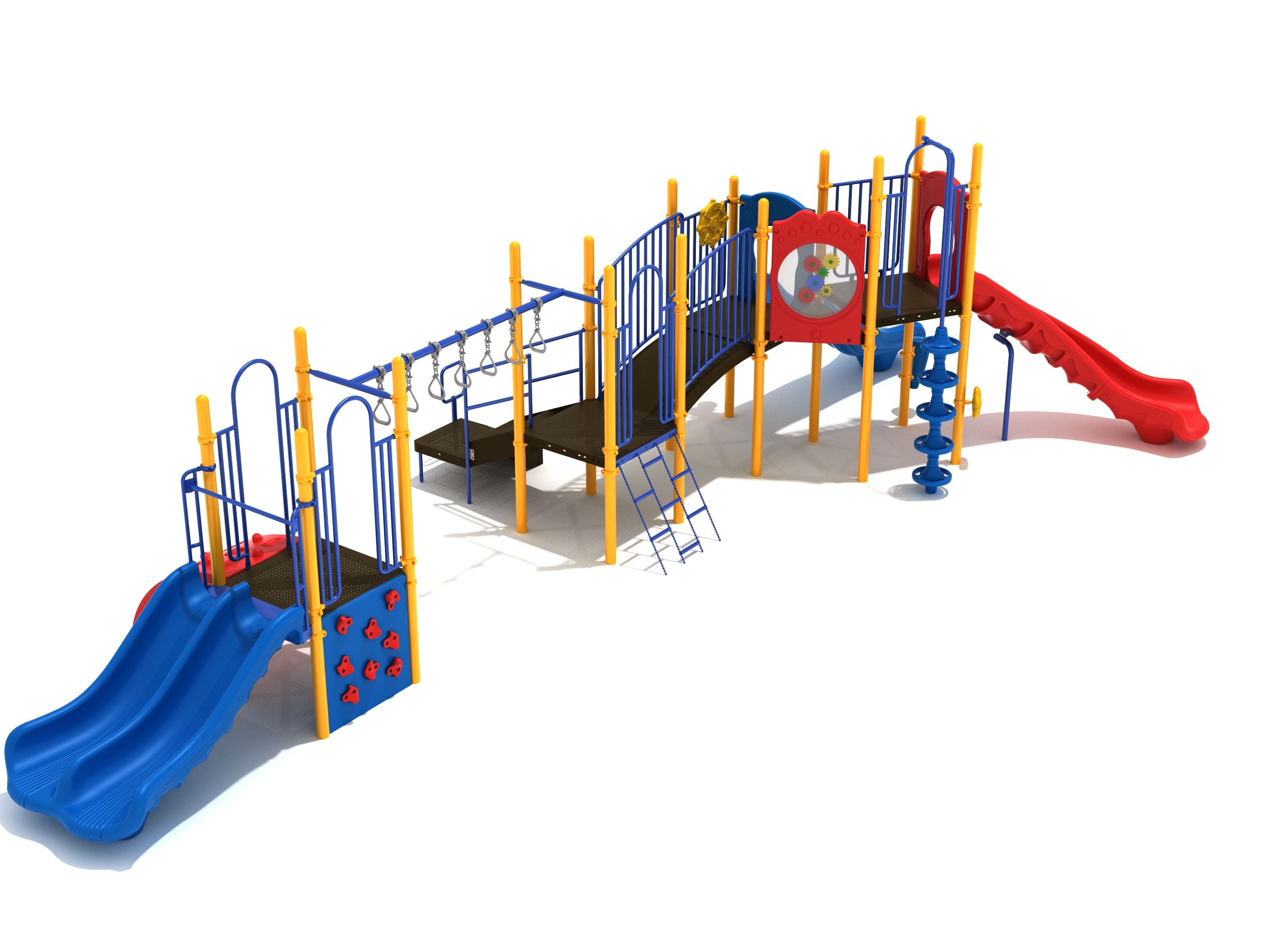 Colorful commercial playground with dual slides, climbing wall, swinging rings, gear panel, and spiral climber.