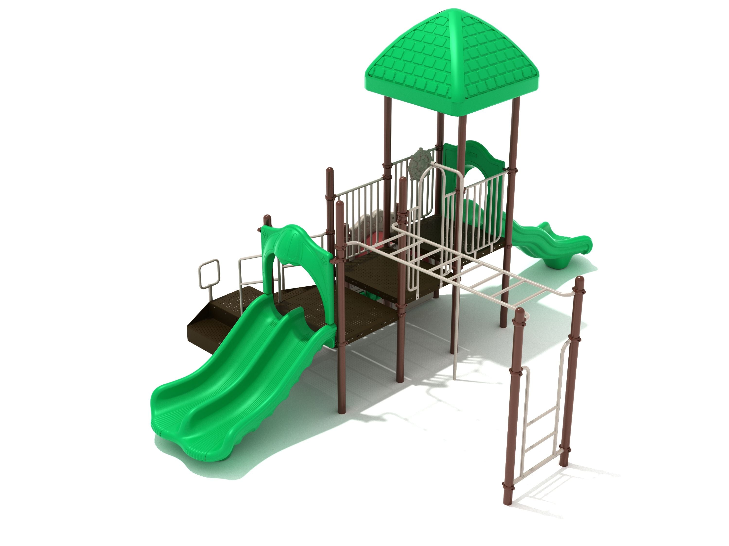 Outdoor playground structure with green double slide, wave slide, overhead ladder, crawl tube tunnel, and brown support posts