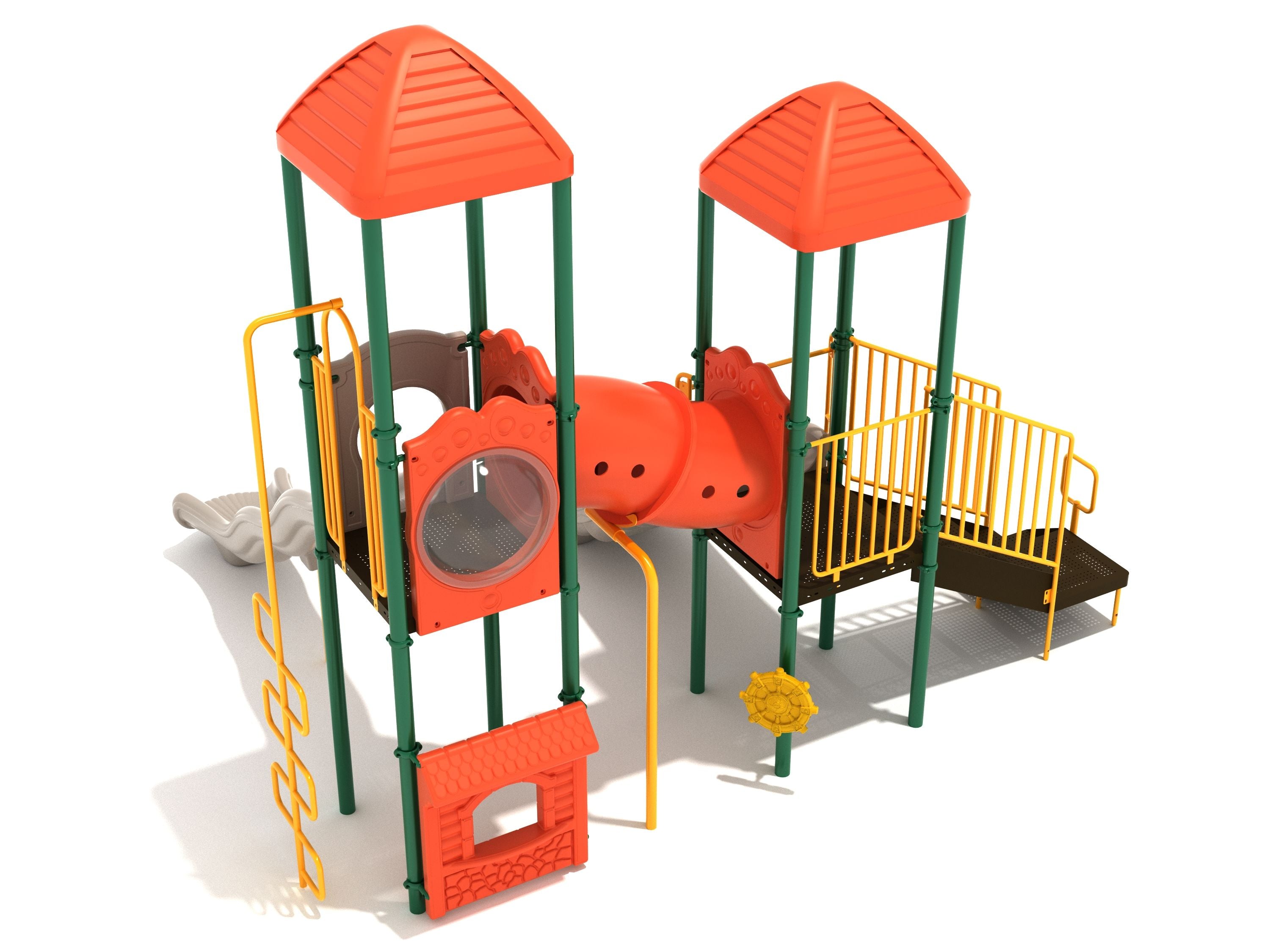 Colorful playground structure with two orange peaked roofs, red tunnel bridge, slides, climbing ladder, and yellow railings