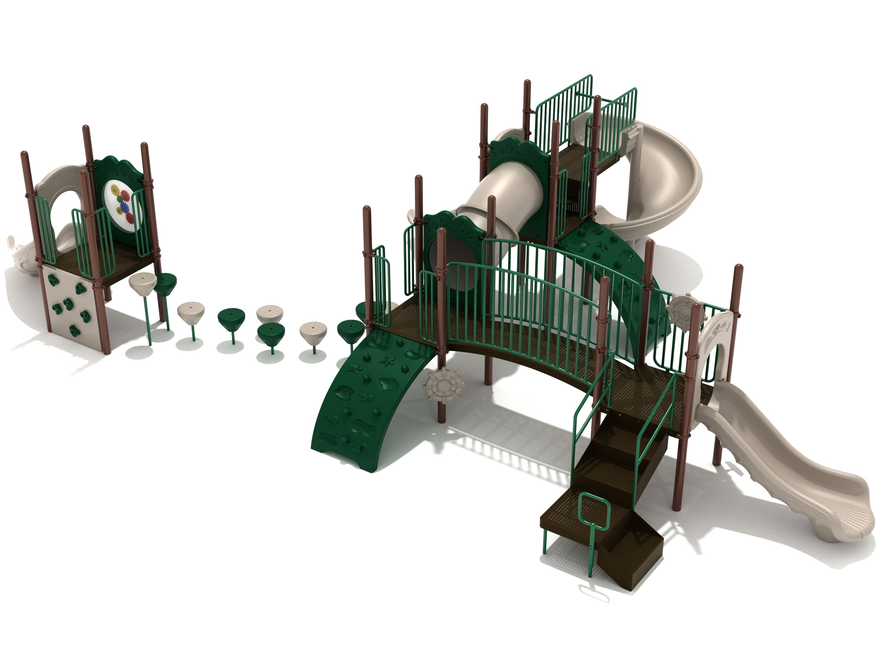 Playground structure with multiple slides, climbing walls, tube bridge, stepping pods, and activity panels in green and beige.