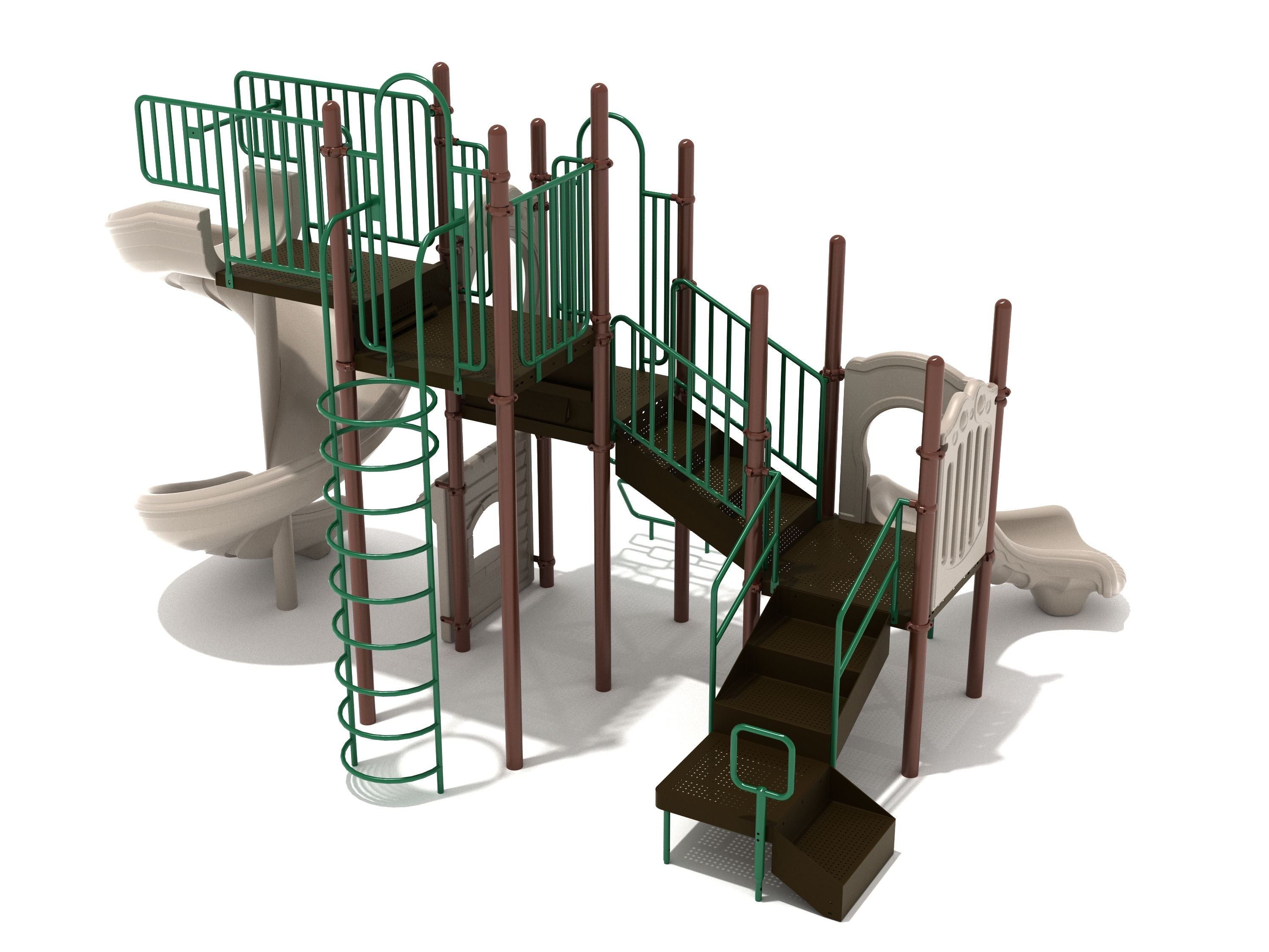 Elevated playground structure with green railings, brown platforms, spiral climber, and two beige slides