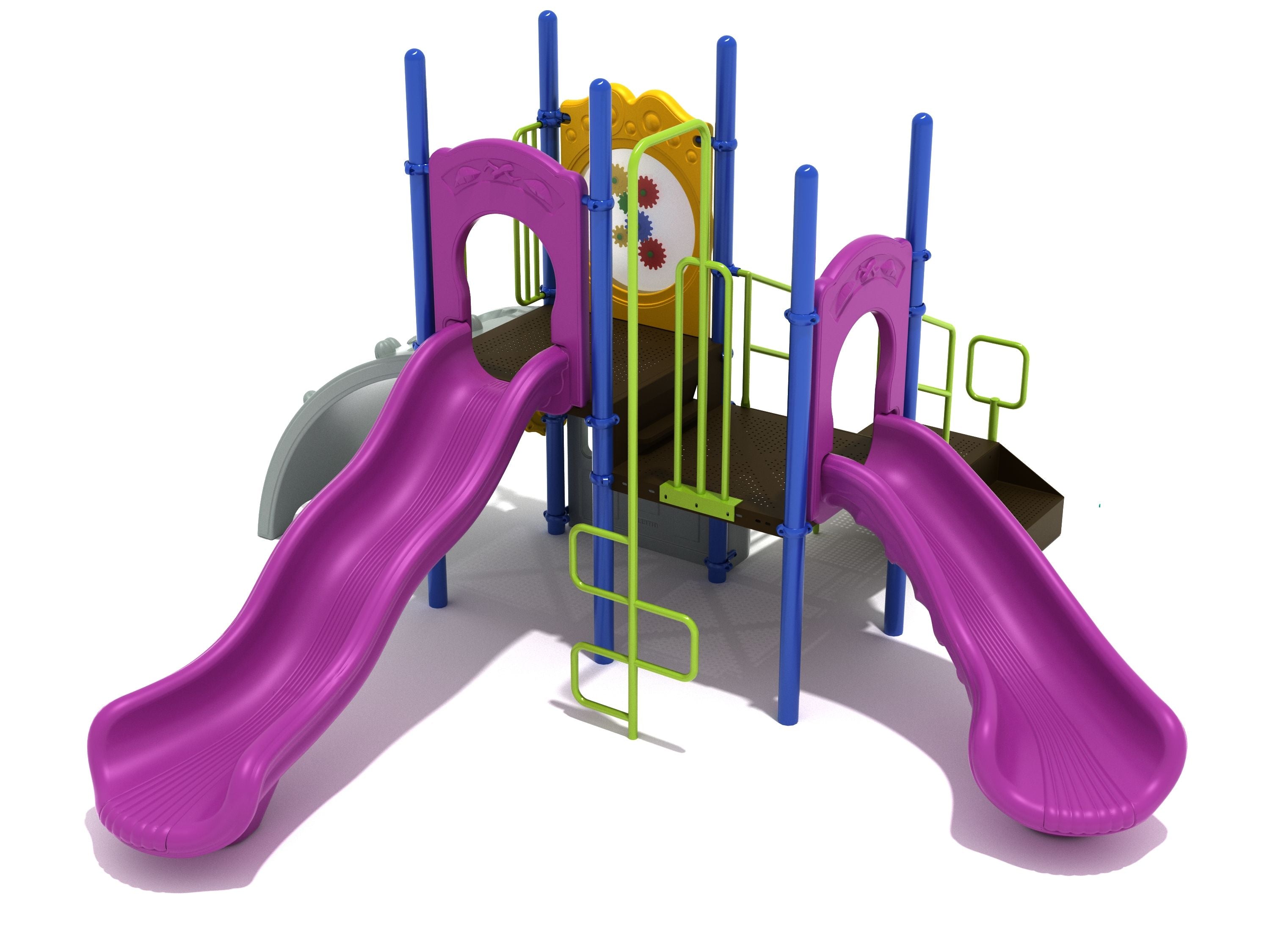 Colorful playground structure with two purple slides, green climbing ladder, and interactive gear panel