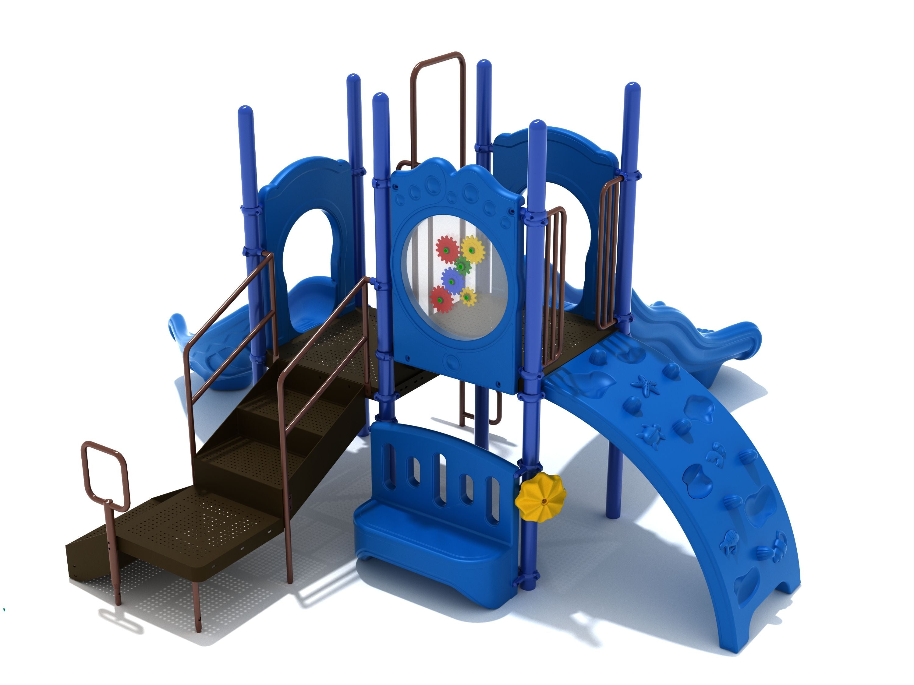 Compact blue and brown playground with stairs, sea creature climbing wall, two slides, and interactive gear panel