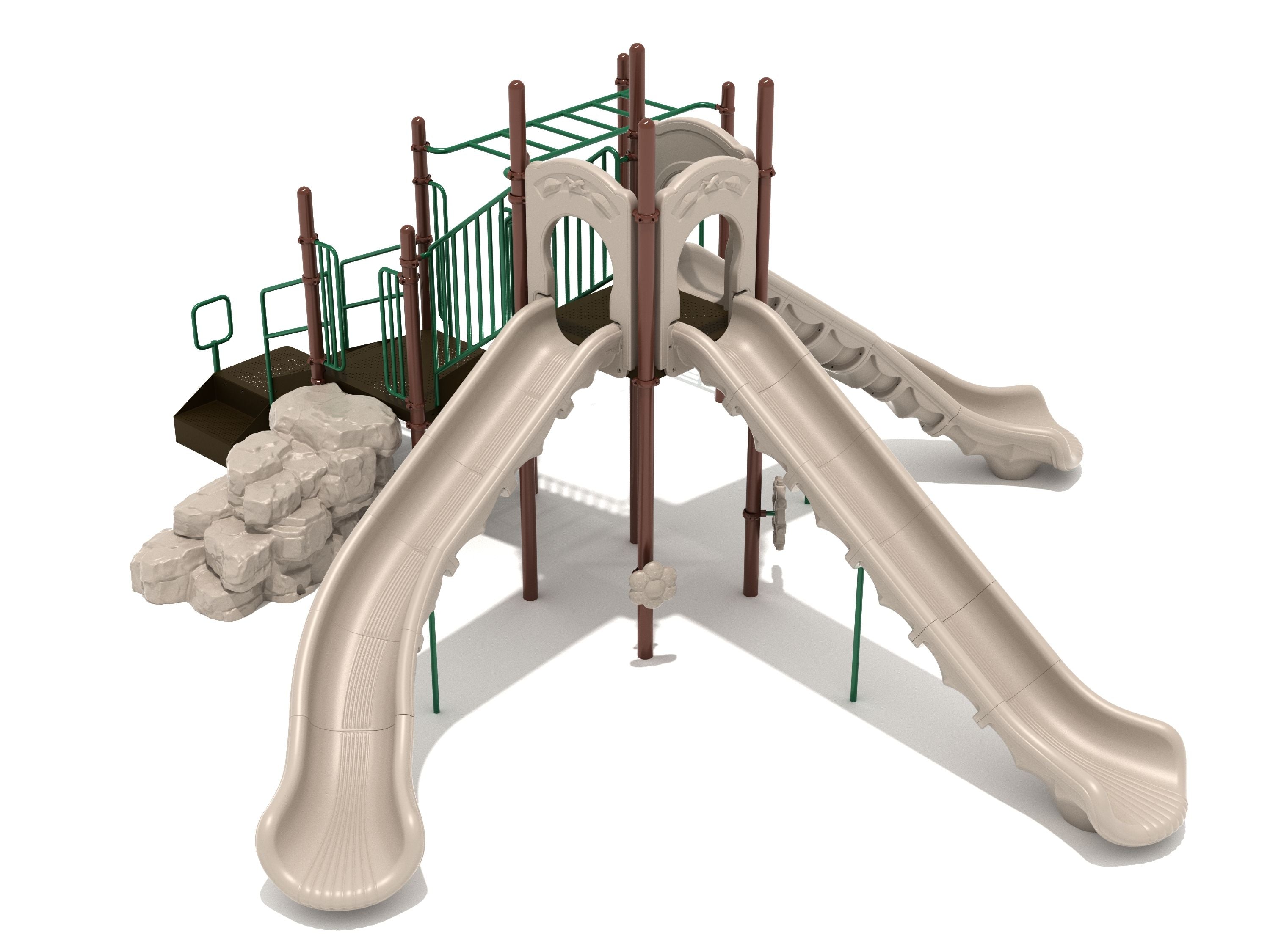 Cambridge Playground large play system with three beige slides, rock climber, stairs, green climbing ladders, ship’s wheel, and rain wheel on white background