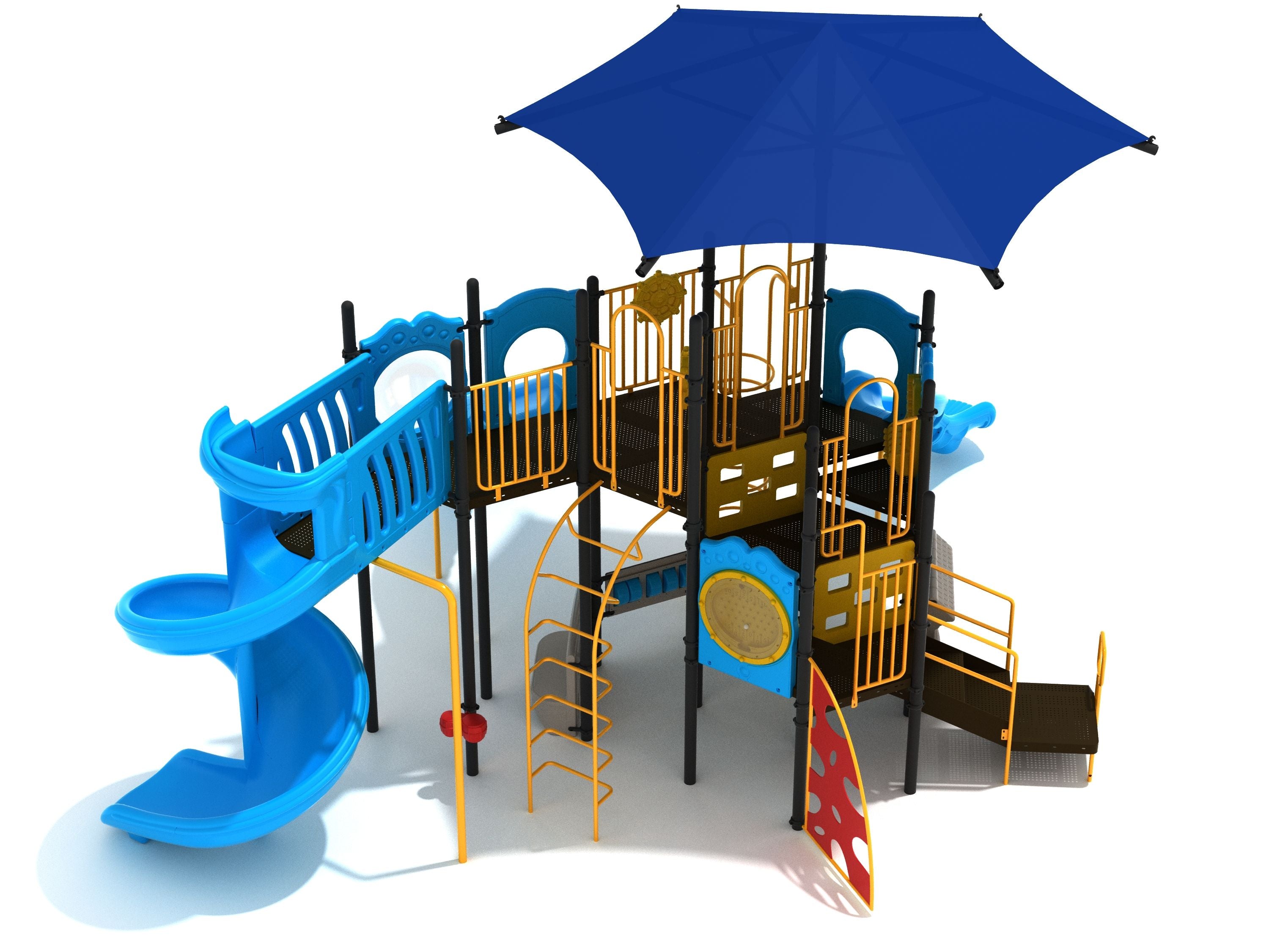 Bountiful Playground with large blue hex shade, spiral slide, curved climber, interactive play panels, and musical bongos