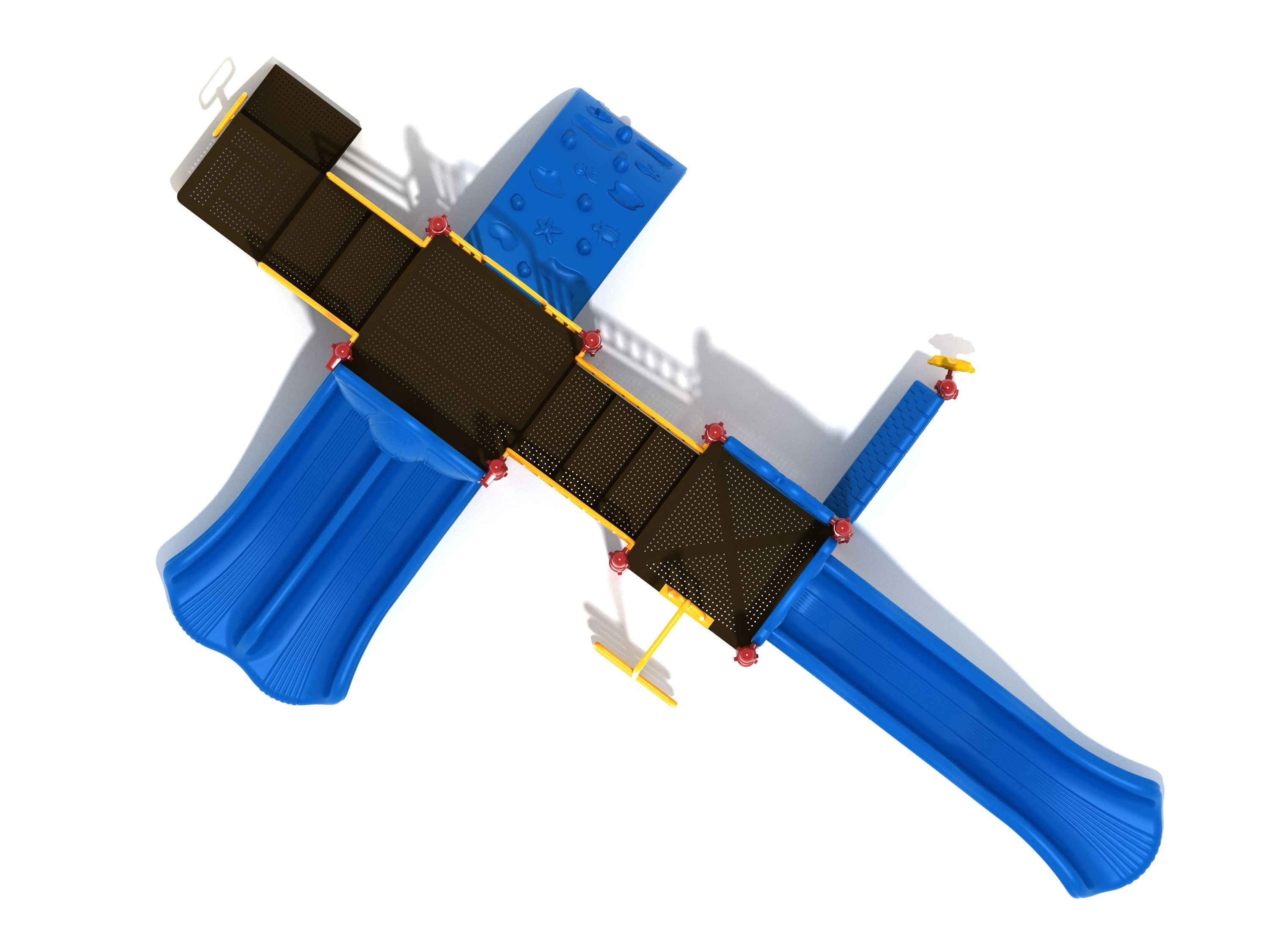 Overhead view of a blue and yellow playground with double and single slides, climbing wall, platforms, and nautical-themed climber grips.
