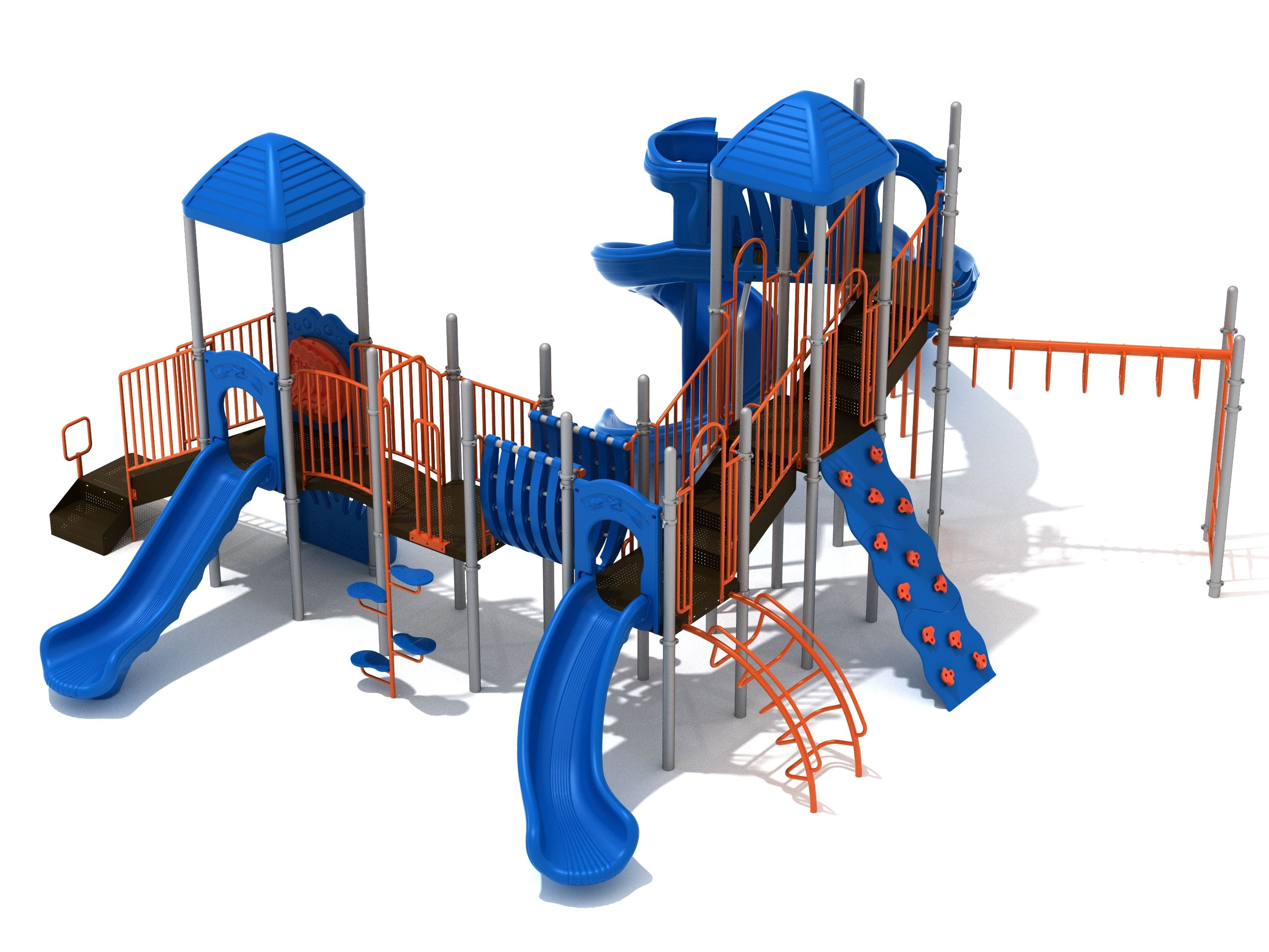 Large blue and orange playground structure with multiple slides, climbing walls, monkey bars, and interactive panels
