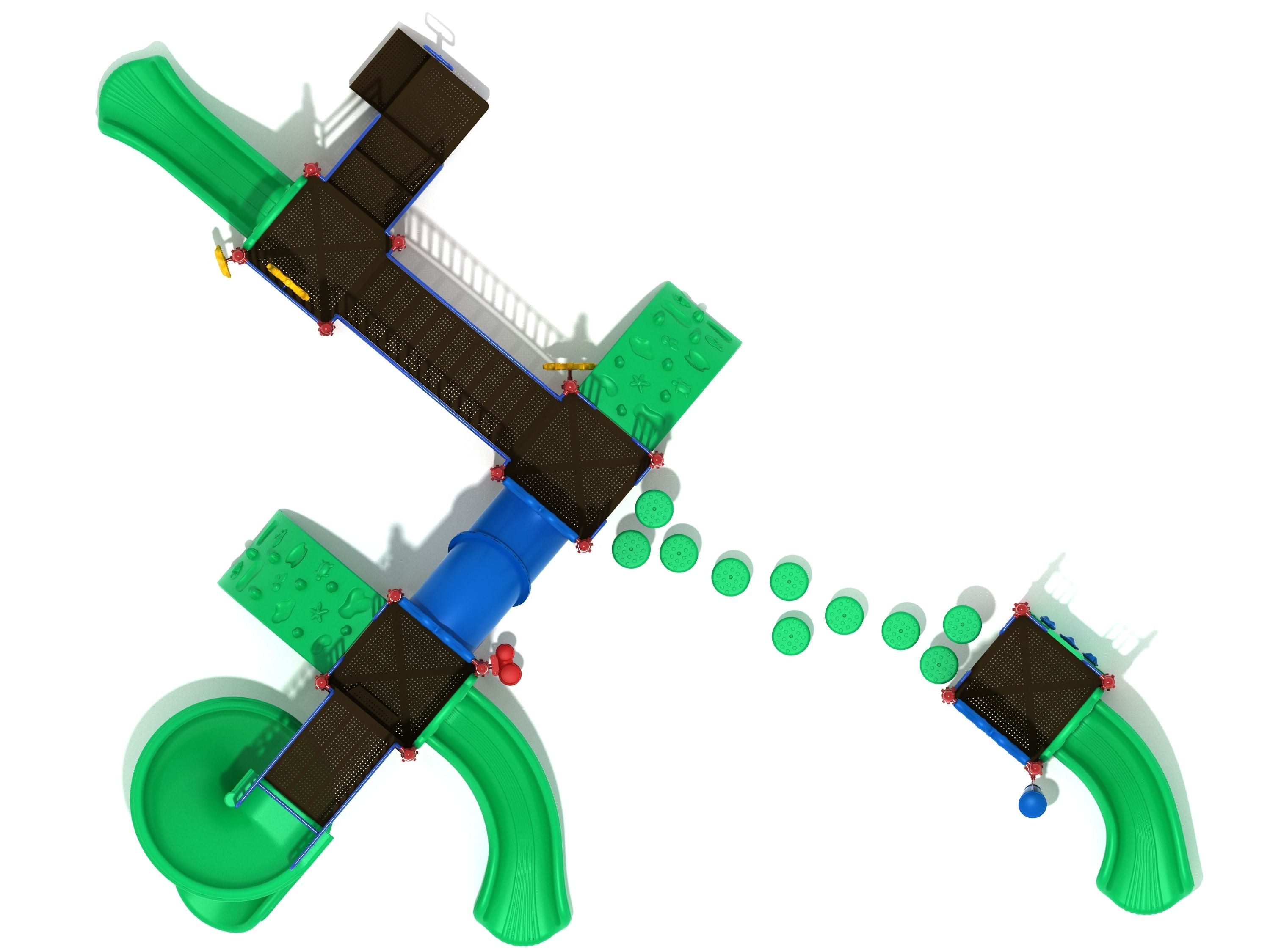Overhead view of a large playground with green slides, climbing walls, a tube bridge, and circular stepping pods with textured surfaces