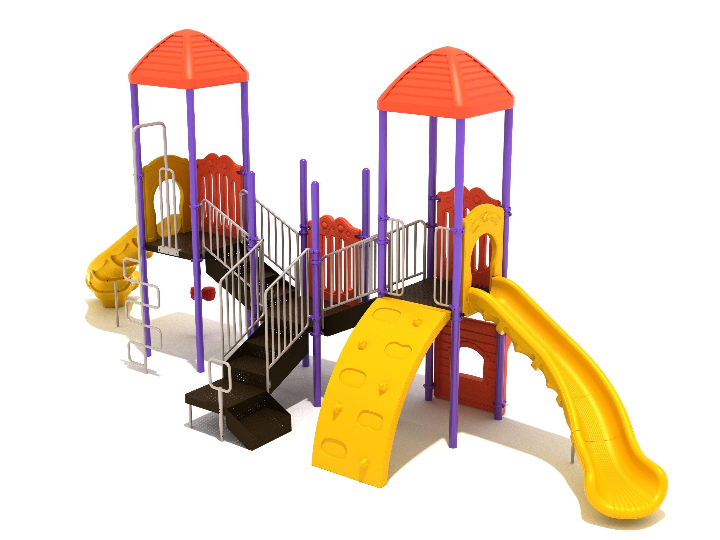 Colorful playground with two orange turrets, yellow right-turn slides, climbing walls, stairs, bongos, ship’s wheel, and store panel.