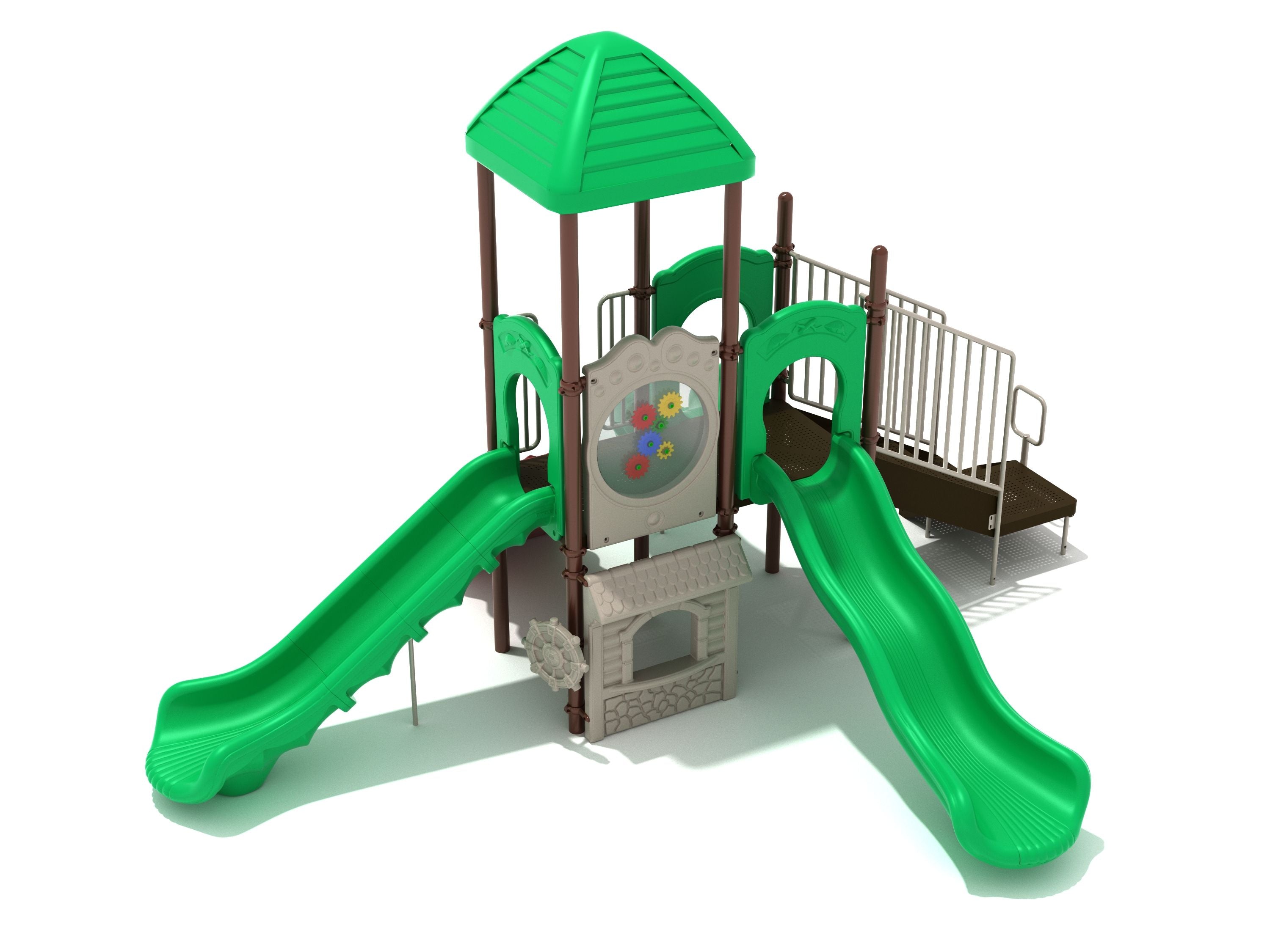 Compact playground structure with three slides, shaded platform, interactive gear panel, and accessible ramp