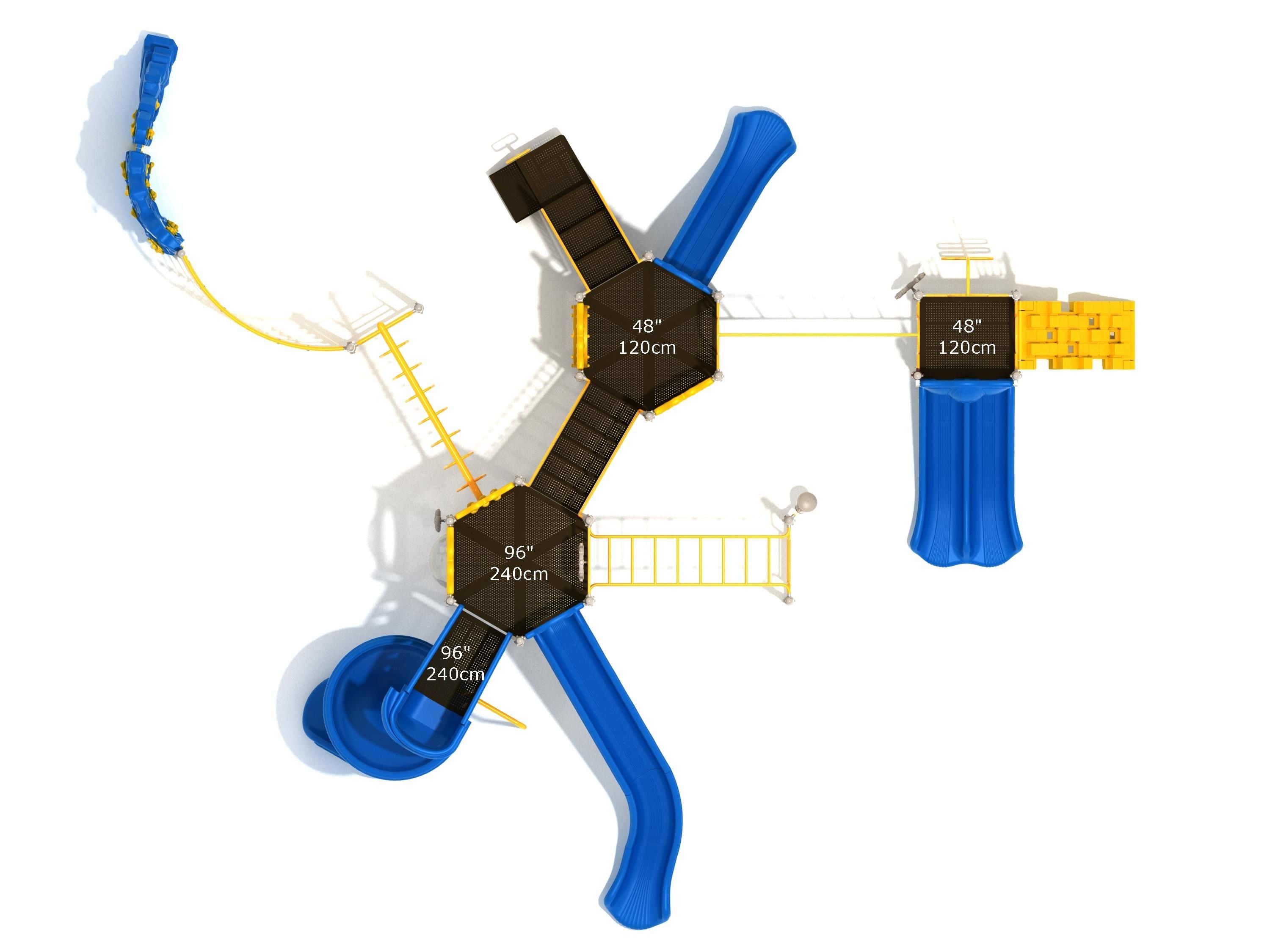 Overhead view of a large playground structure with multiple blue slides, yellow climbing ladders, curved net and craggy climbers, and interconnected platforms