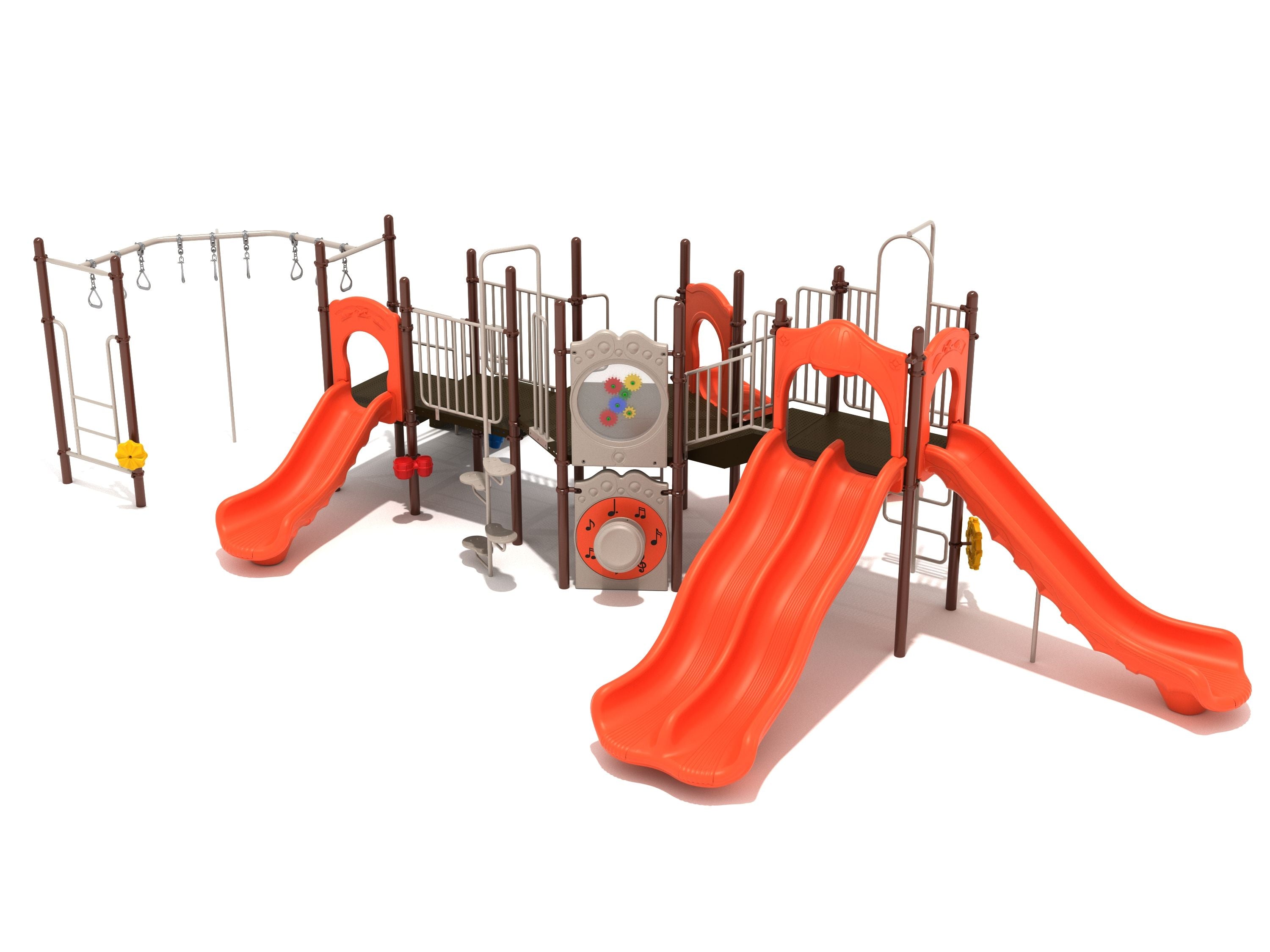 Corvallis Playground with orange double wave and straight slides, climbers, gear panel, and ADA play panels on brown structure