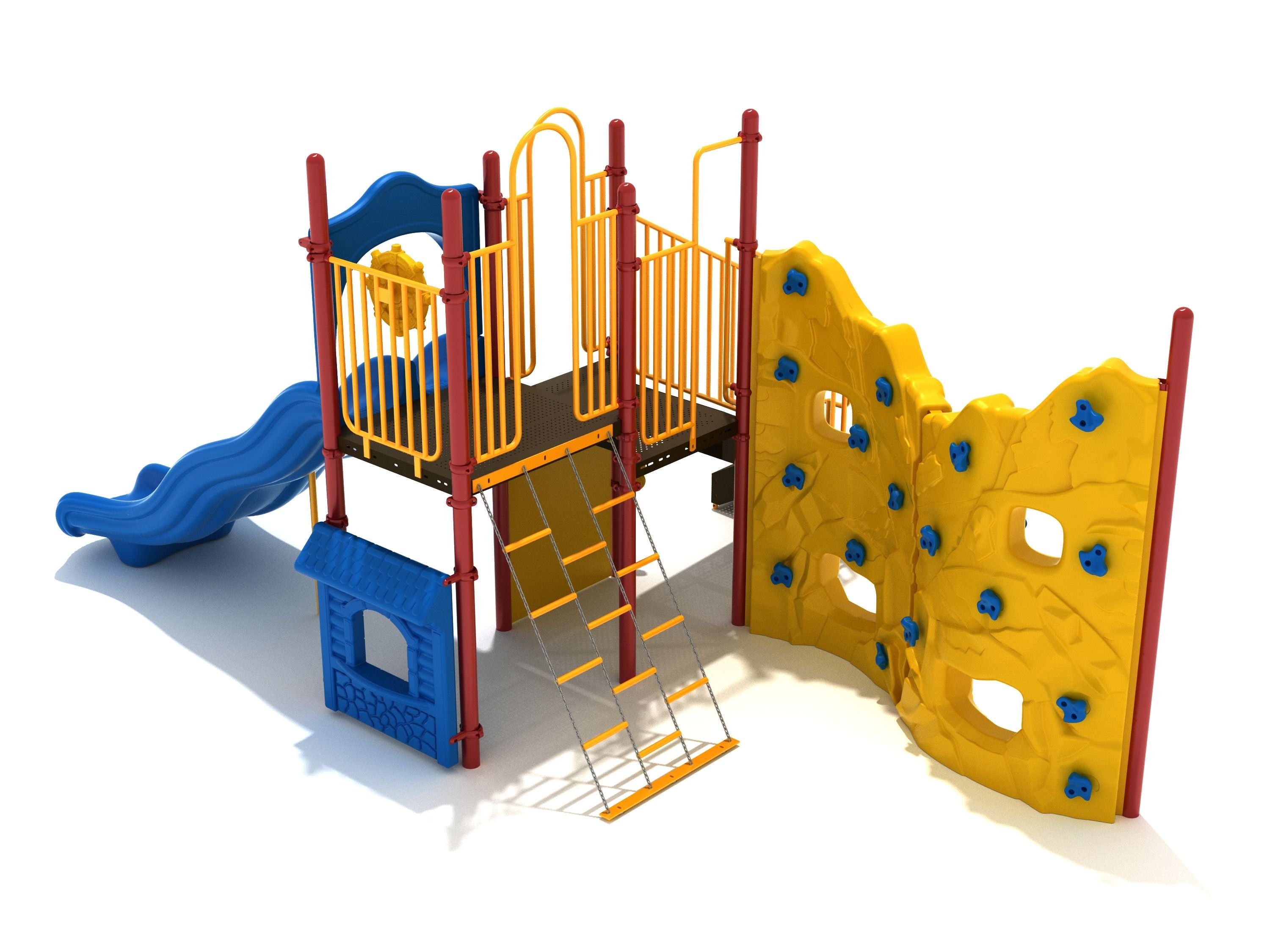Chattanooga Playground with yellow rock climbing walls, blue double wave slide, chain climber, and red-yellow play structure frame