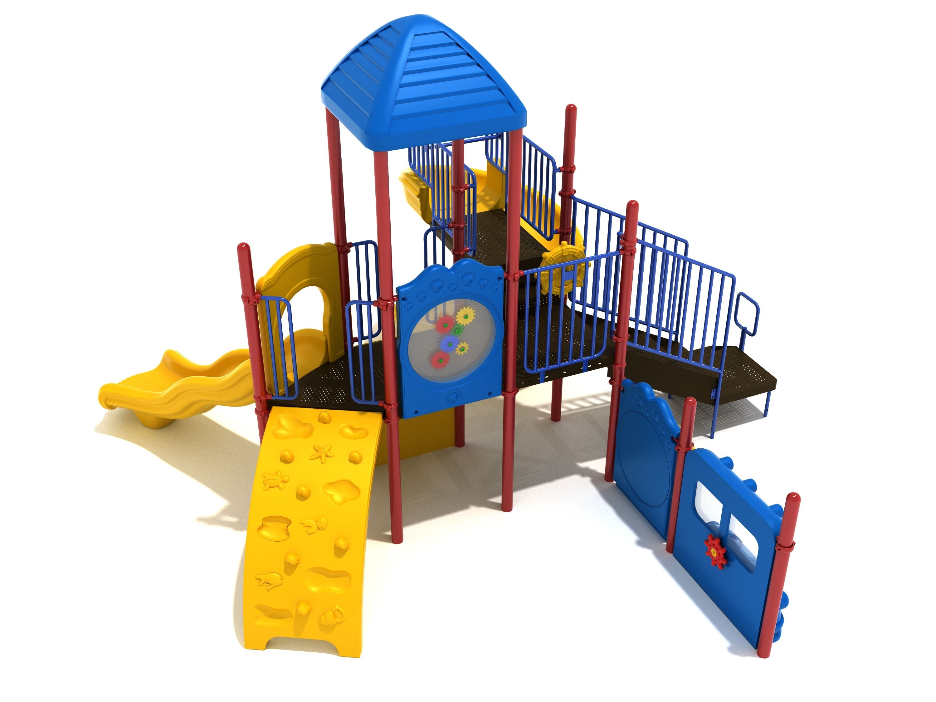 Colorful playground structure with blue roof, yellow wave slide, ocean-themed climbing wall, and interactive play panels.