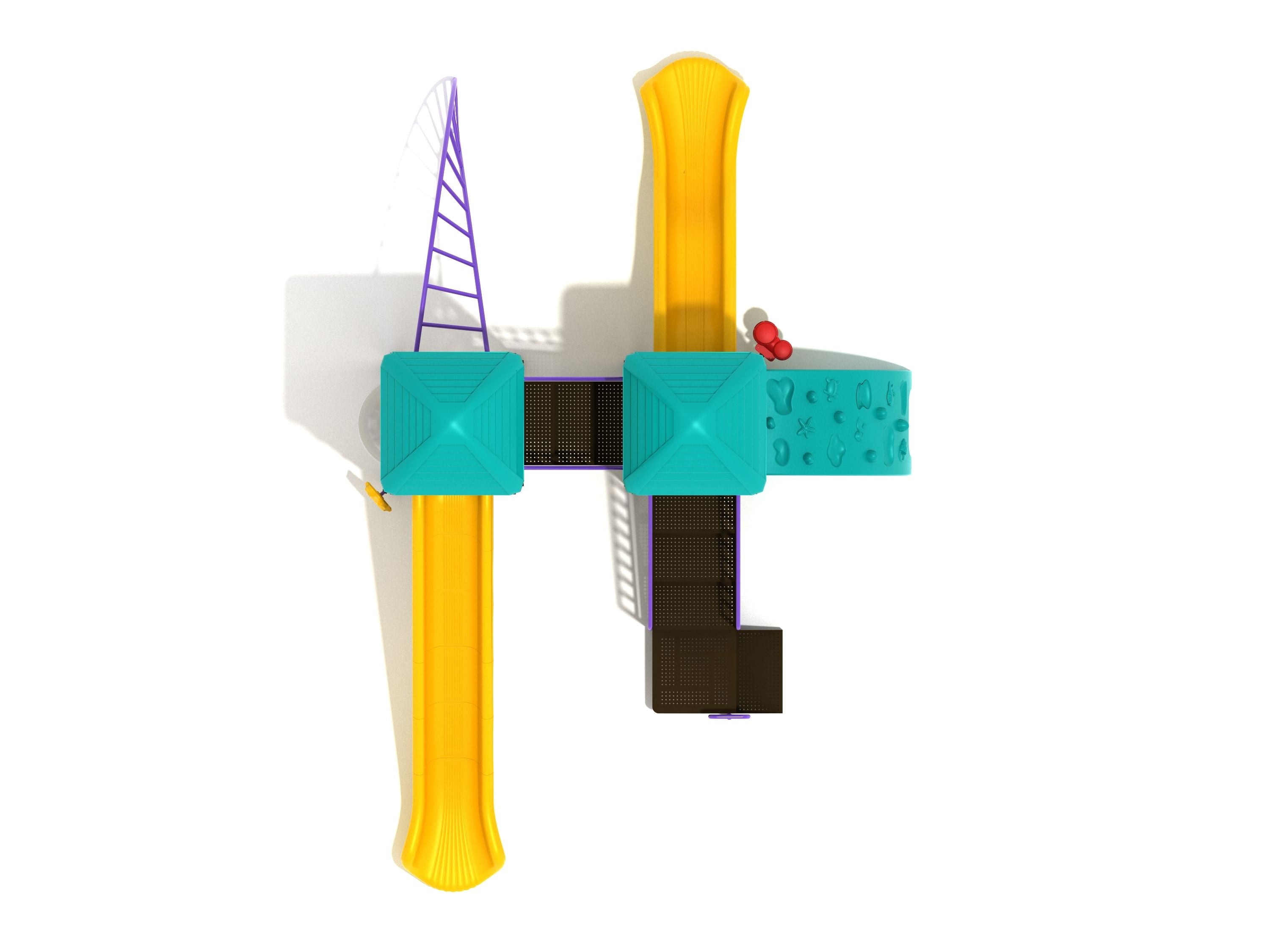 Overhead view of colorful playground with two towers, straight and wave slides, twisted arch ladder, and sea creature climber