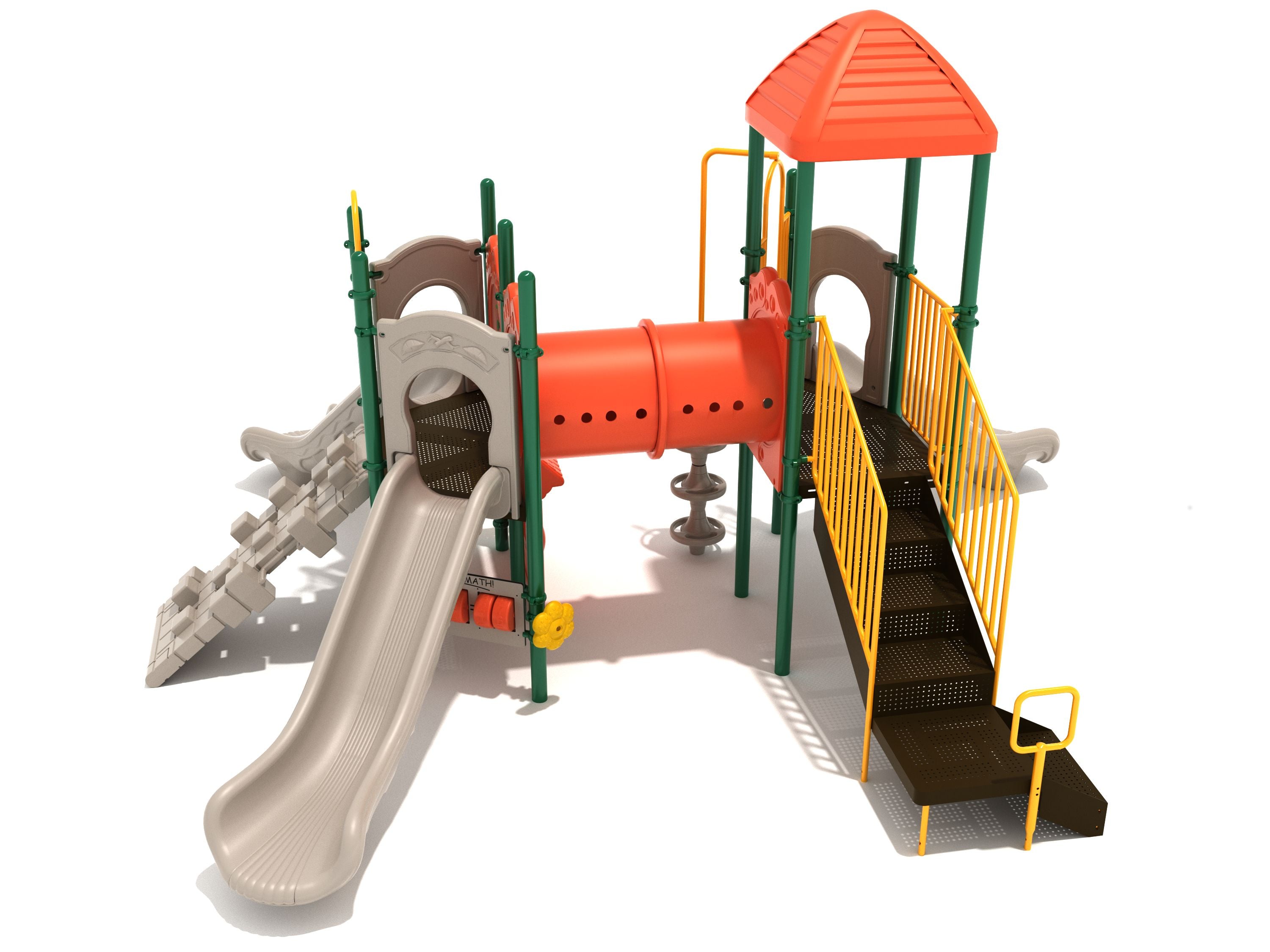 Playground structure with beige slides, orange tube bridge, green supports, yellow railings, pixel and pod climbers, and a store panel