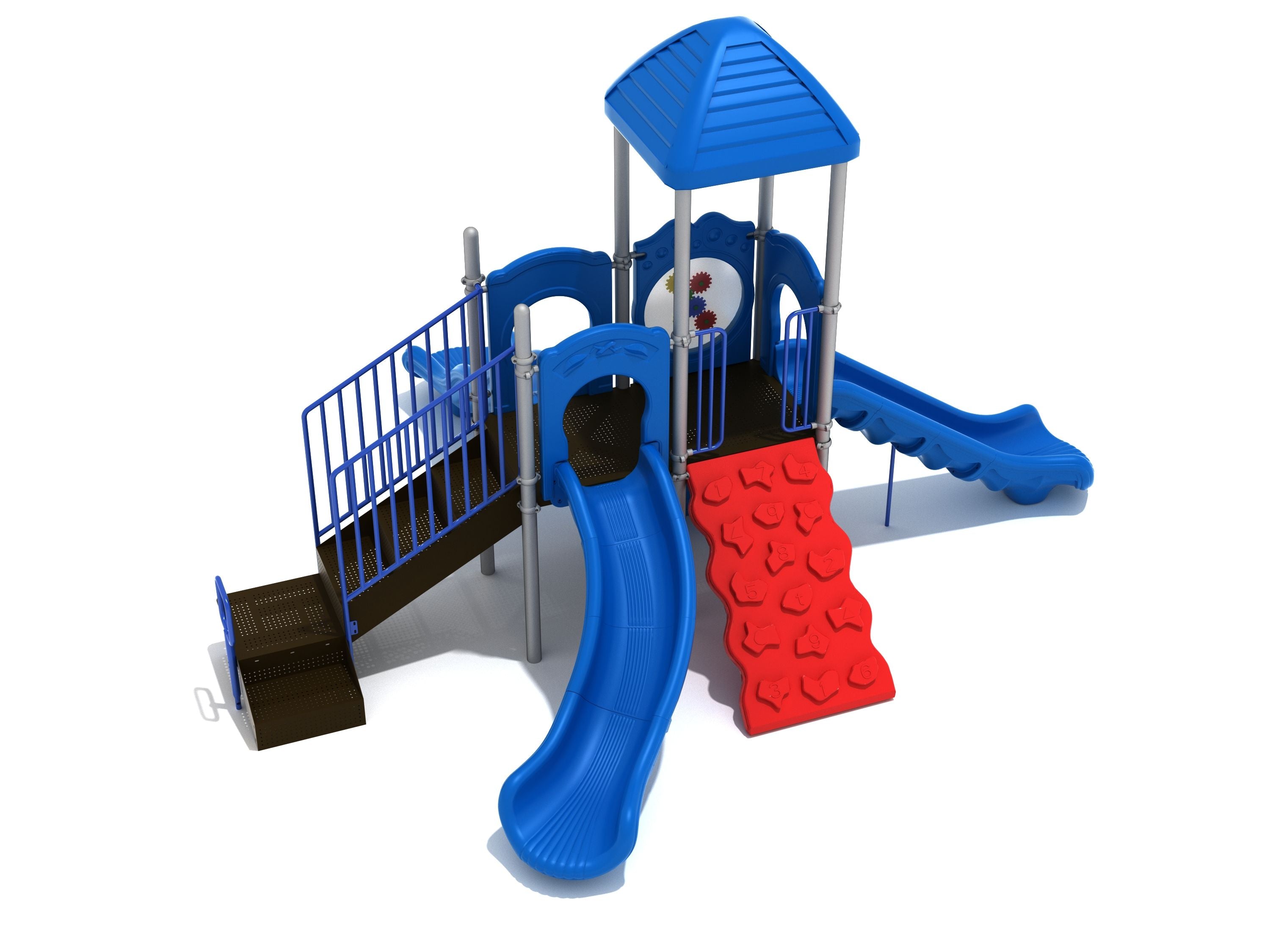 Compact playground structure with blue wave, straight, and right-turn slides, red climbing wall, shaded platform, and interactive play panels.