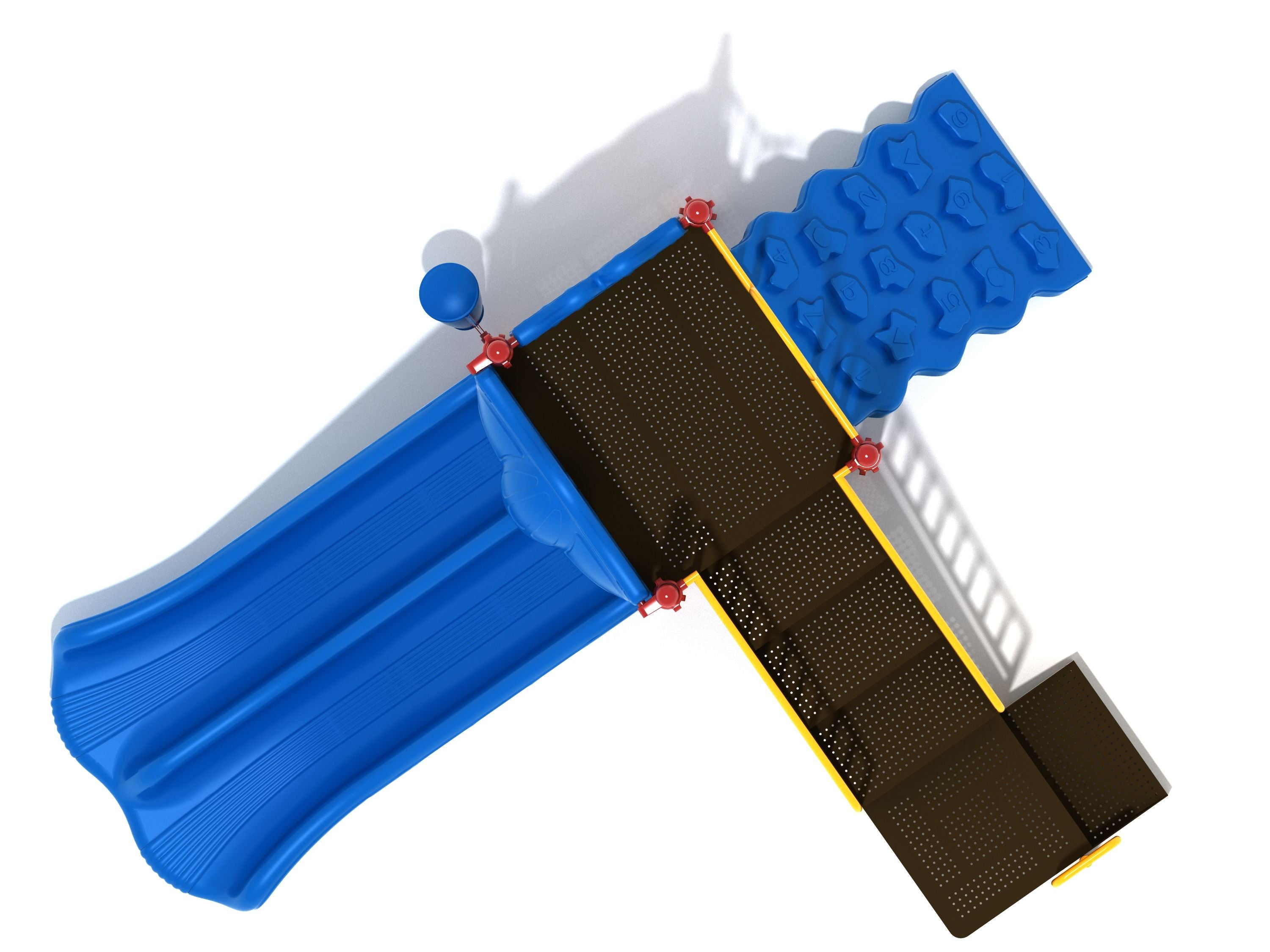 Overhead view of compact playground with blue double slide, climbing wall, perforated platform deck, and accessible play features