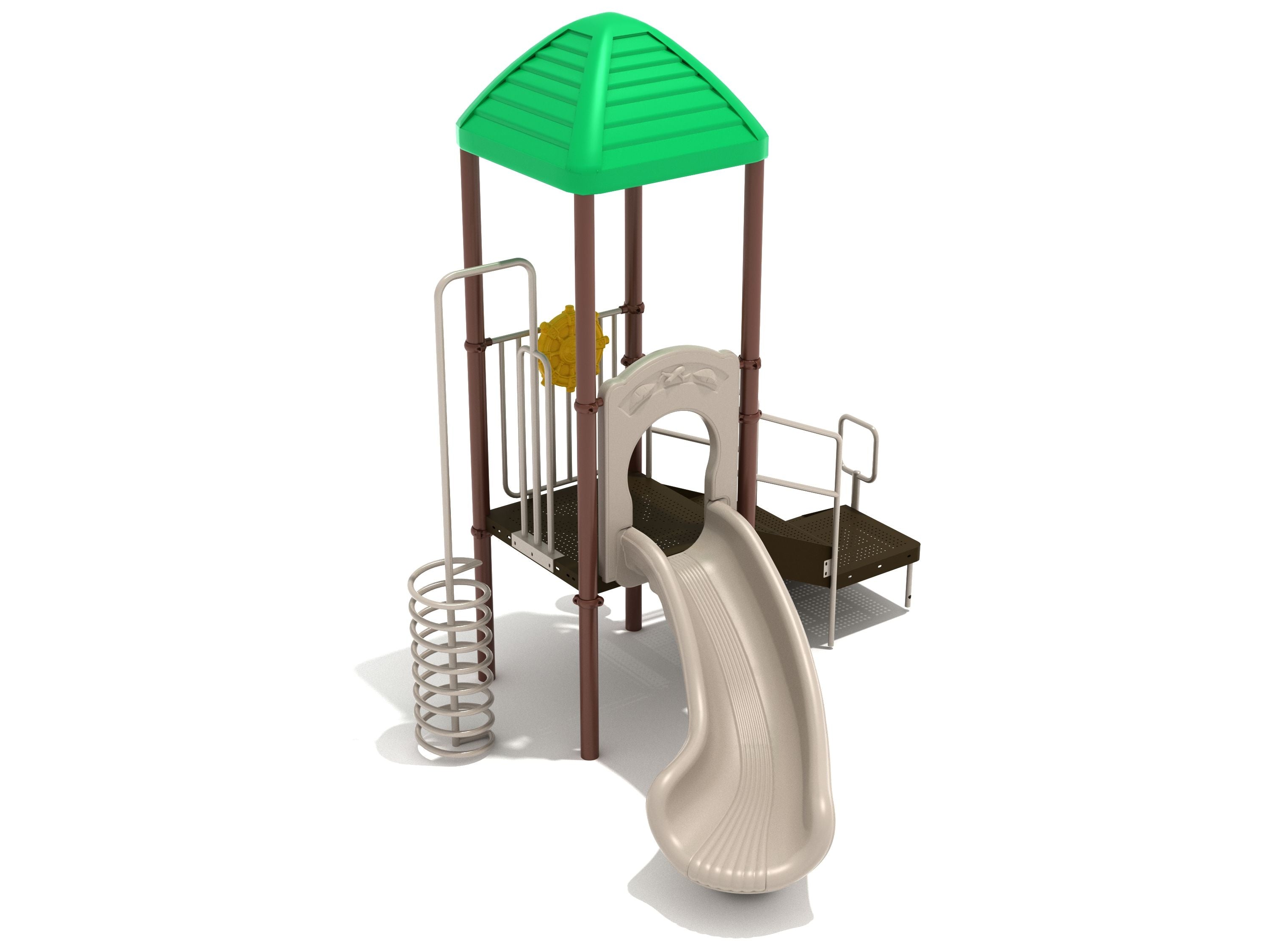 Pawtucket Playground with green roof, spiral climber, accessible stairs, beige right turn slide, and ship’s wheel on brown play structure