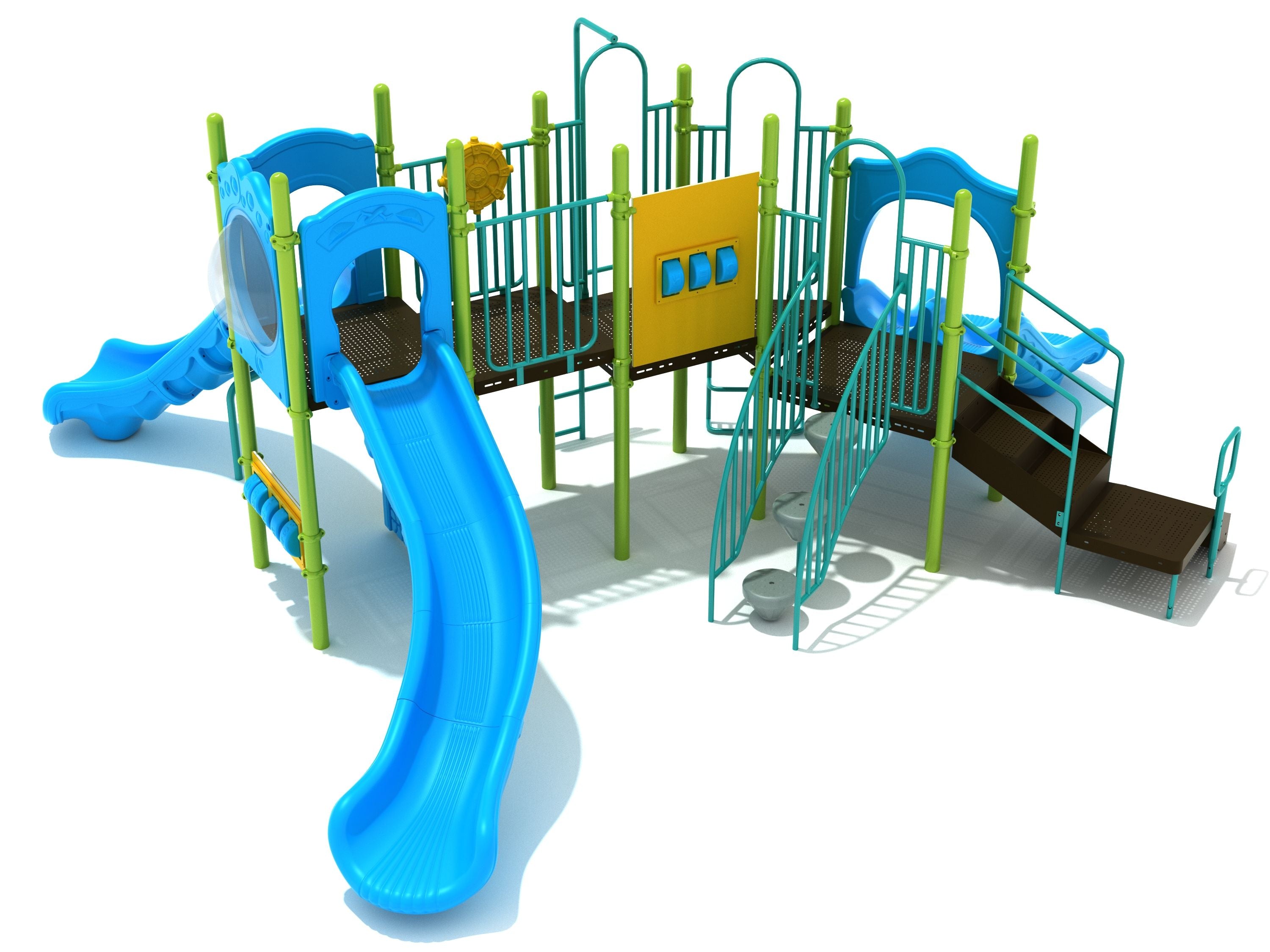 Henderson Playground with blue double slides, mirrored turn slides, green posts, climbing elements, and interactive spelling and math panels