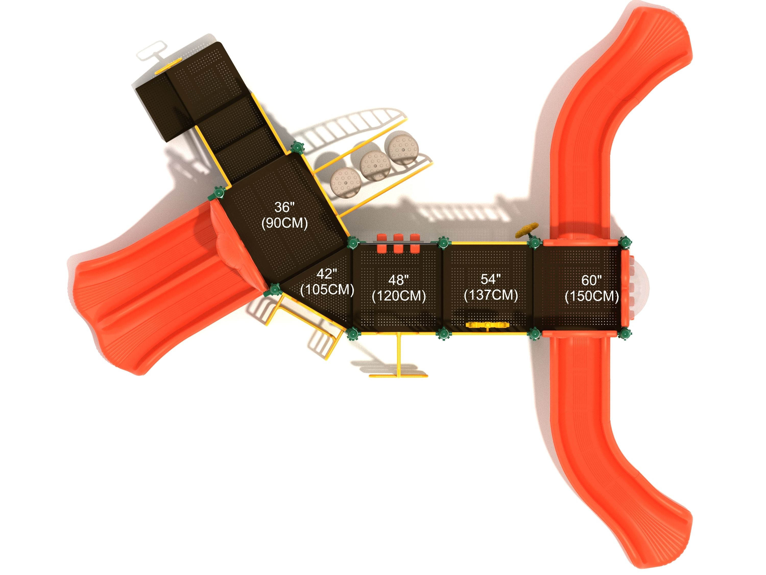 Overhead view of a playground structure with four orange slides, climbing elements, and interactive learning panels