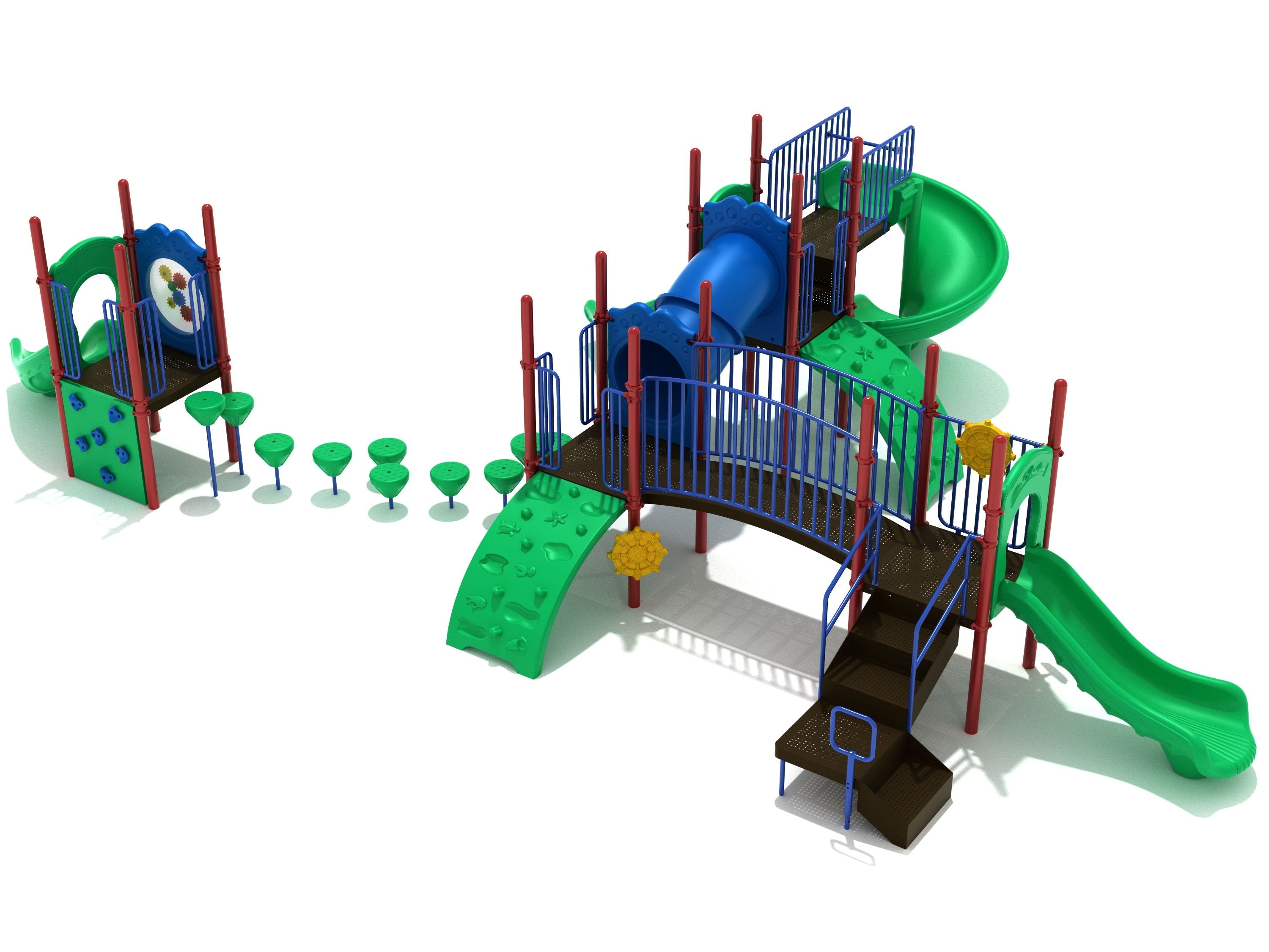Eau Claire Playground large play system with green and blue slides, pebble climber, rock wall, gear panels, and tube bridge