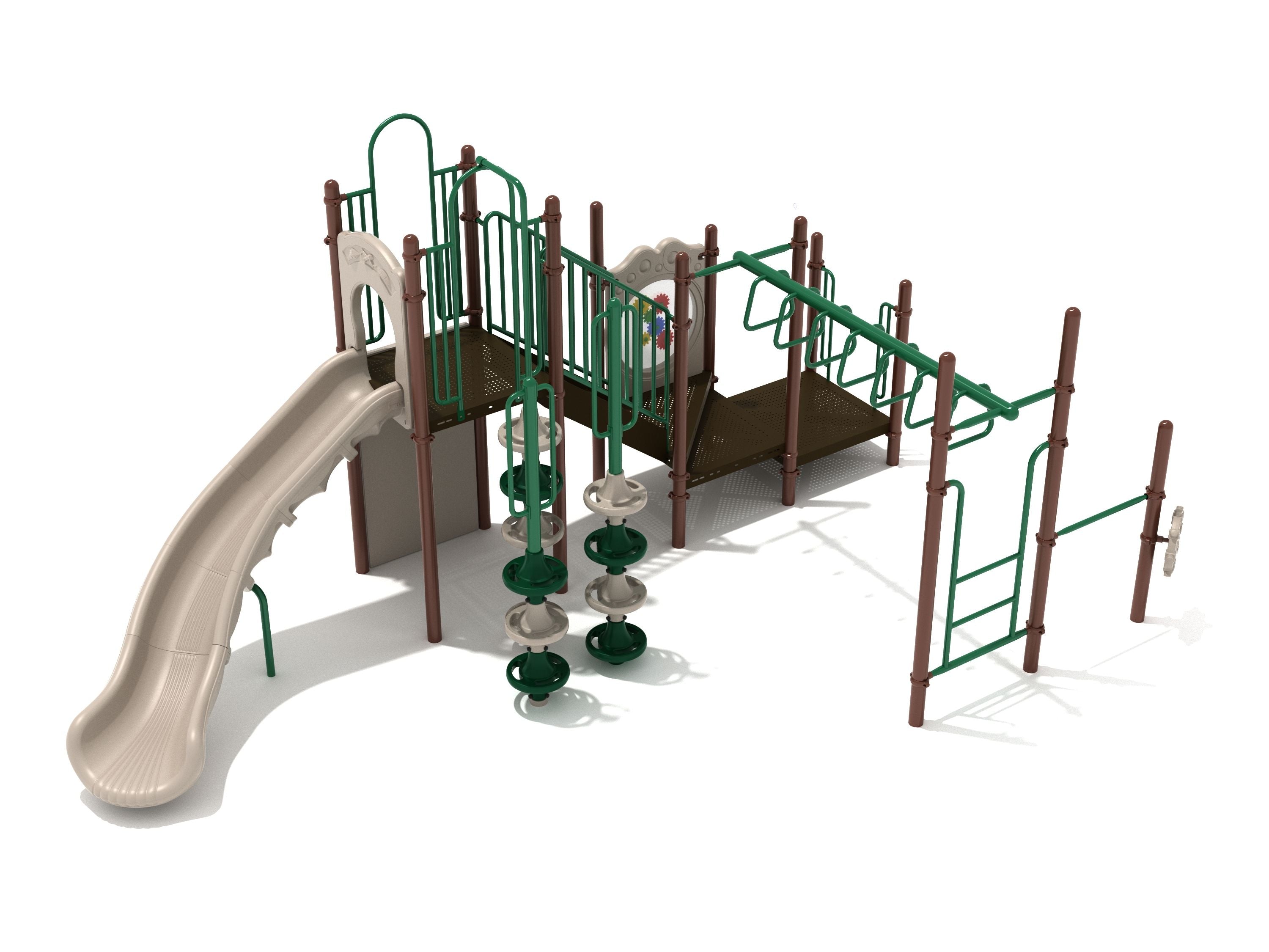 Charlotte Playground large play system with beige slide, green and brown climbers, overhead trapezoid loop ladder, and pull-up bar