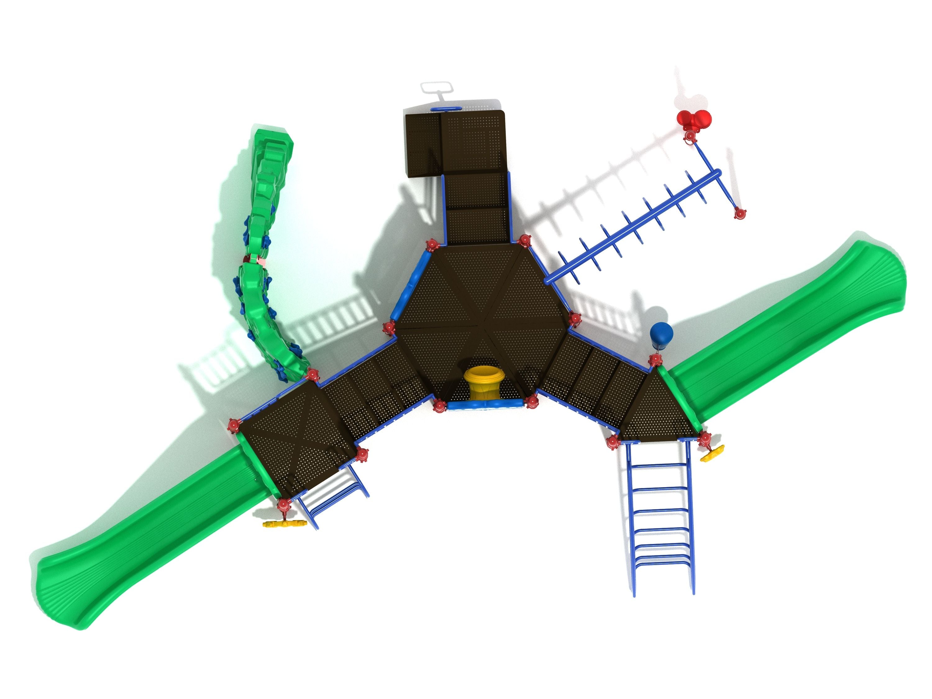 Overhead view of playground with hexagonal central platform, two green slides, blue climbing ladders, and curved green climbing wall