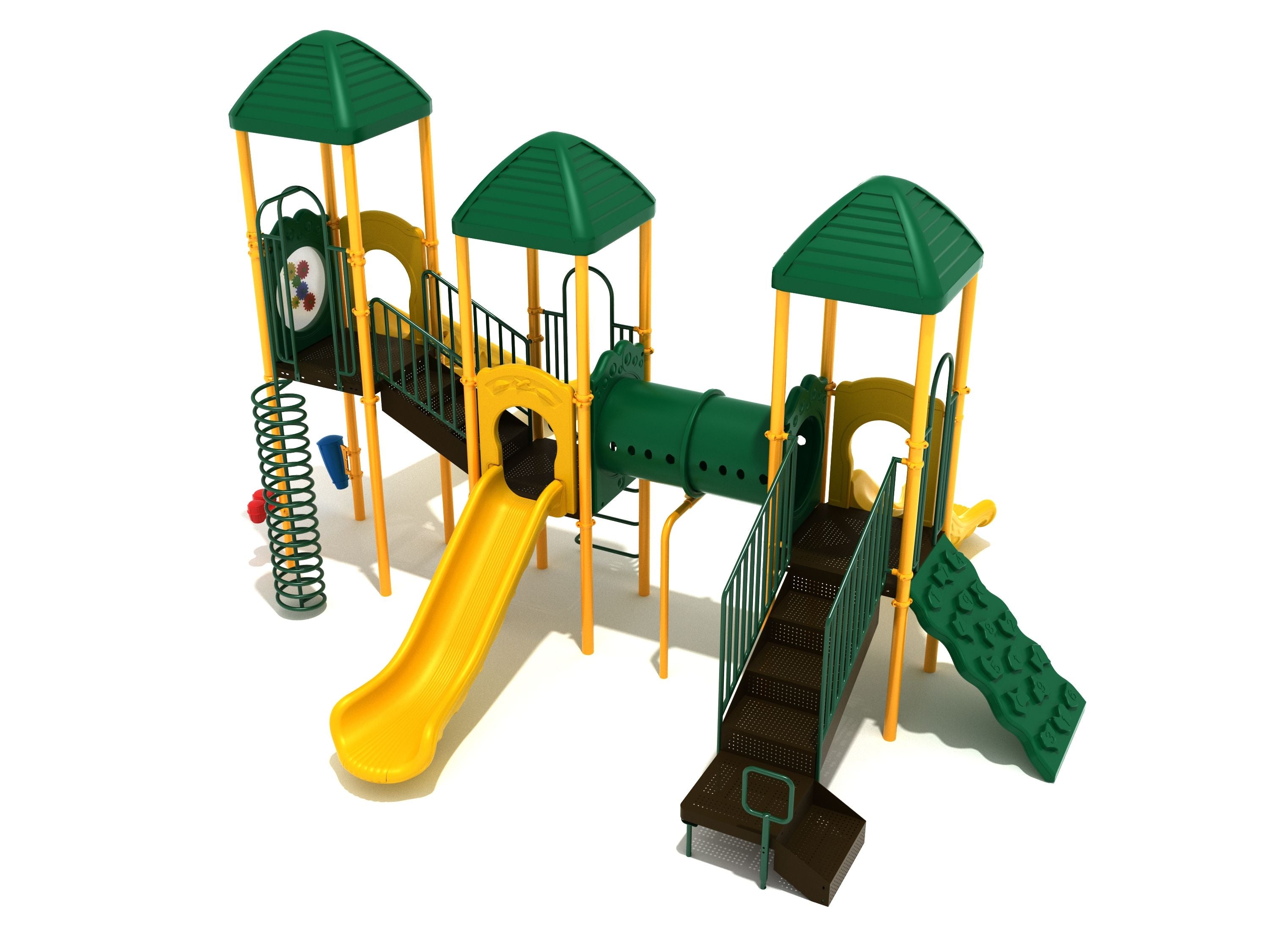 Playground structure with green rooftops, spiral climber, yellow slides, tube tunnel, climbing wall, and interactive gear panel