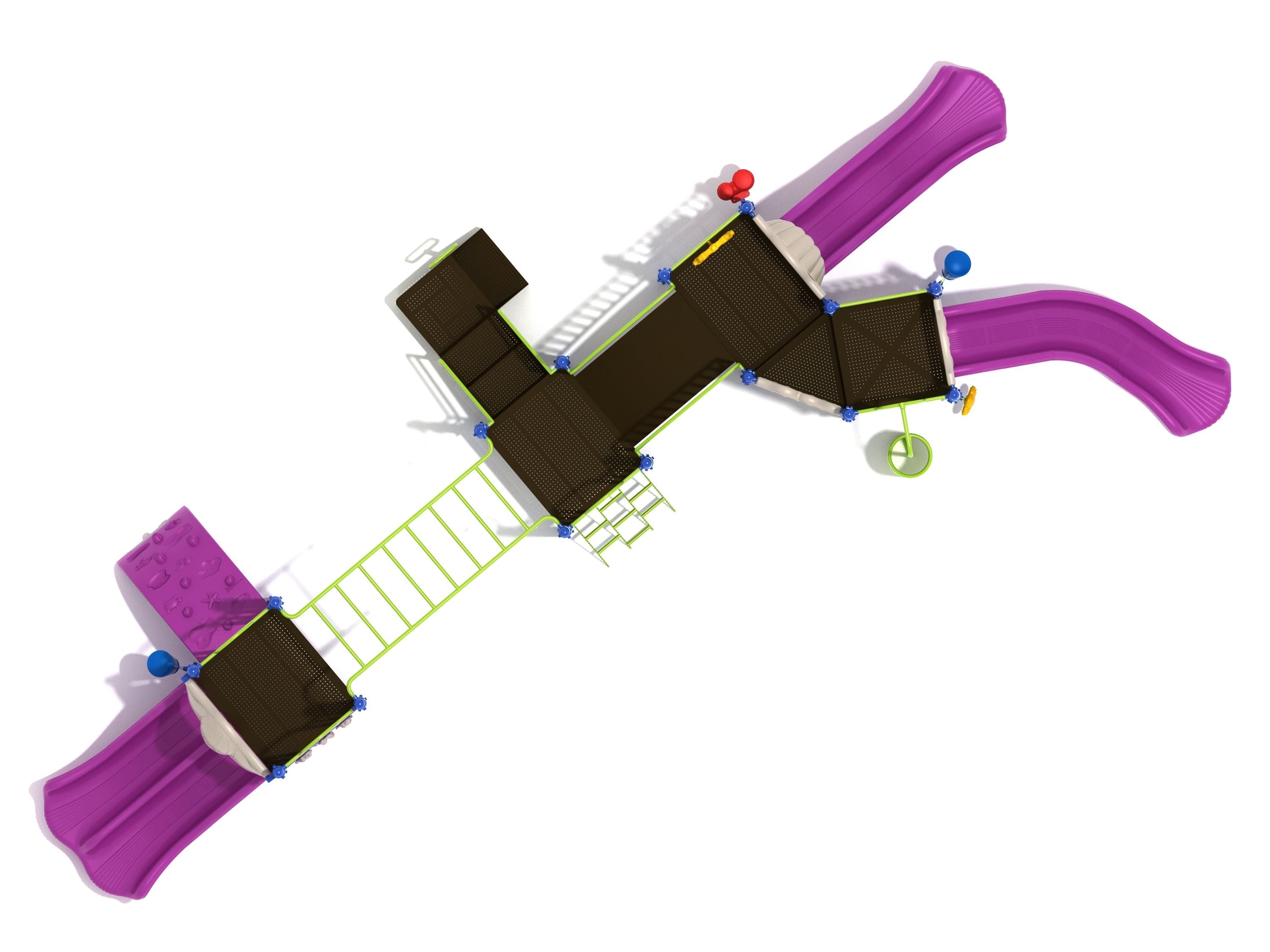 Overhead view of large playground with multiple purple slides, green climbing ladders, brown platforms, and various climbing structures