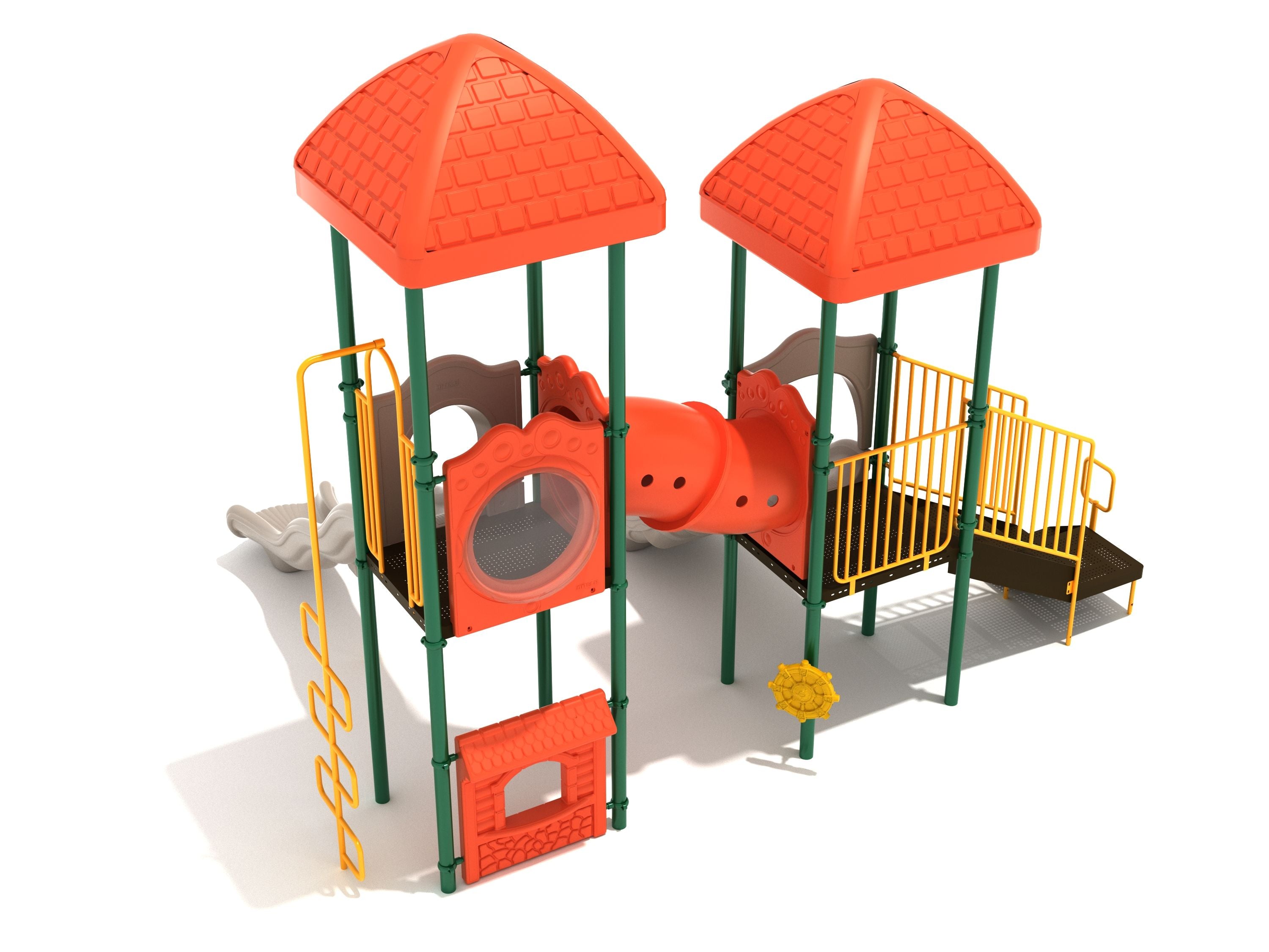Playground with two orange peaked towers connected by enclosed tube bridge, featuring slides, climbing ladder, bubble panel, and play panels.
