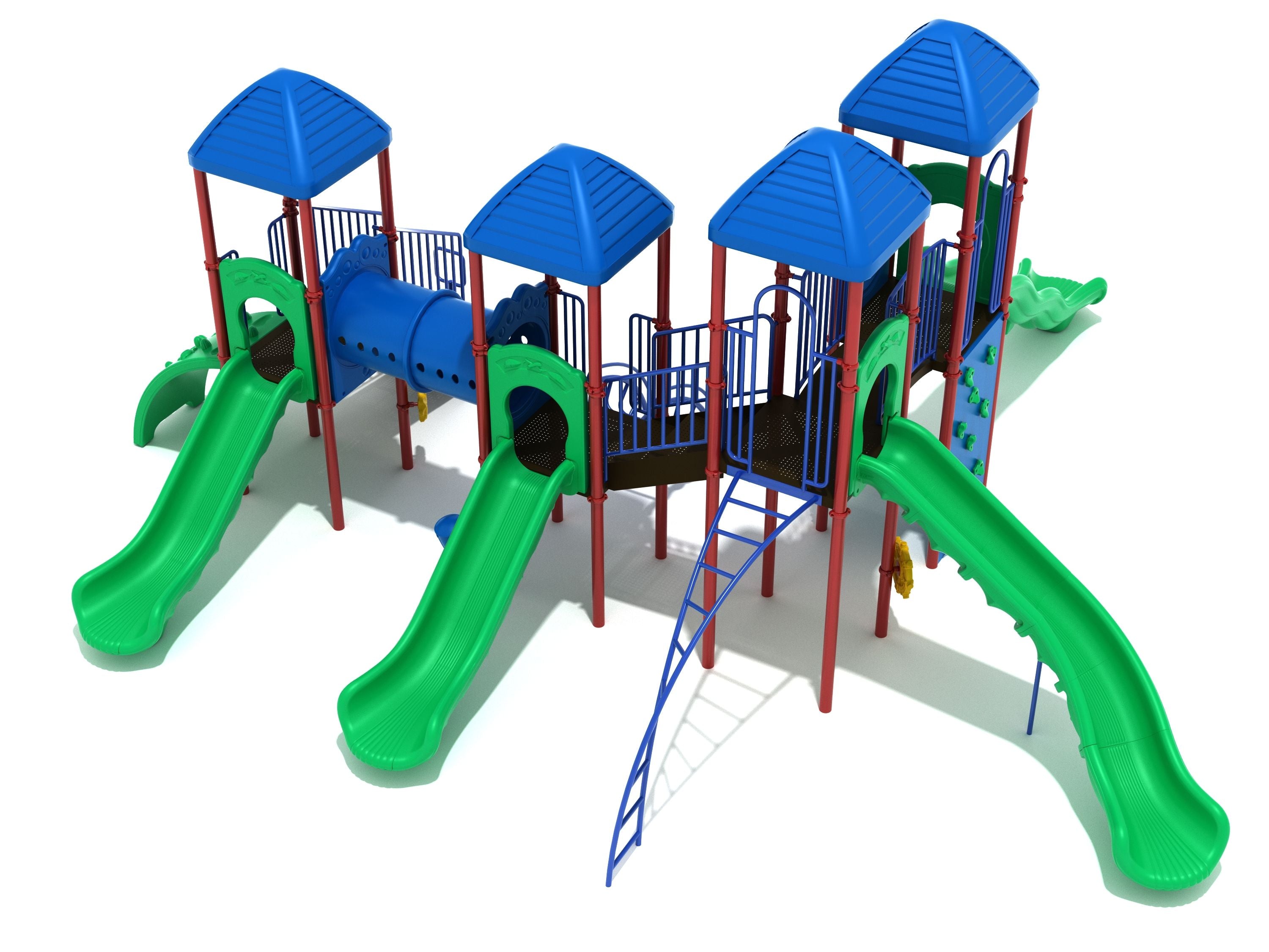 Cape May Playground large play system with blue roofs, green slides, tube bridge, sea creature climber, and climbing ladders