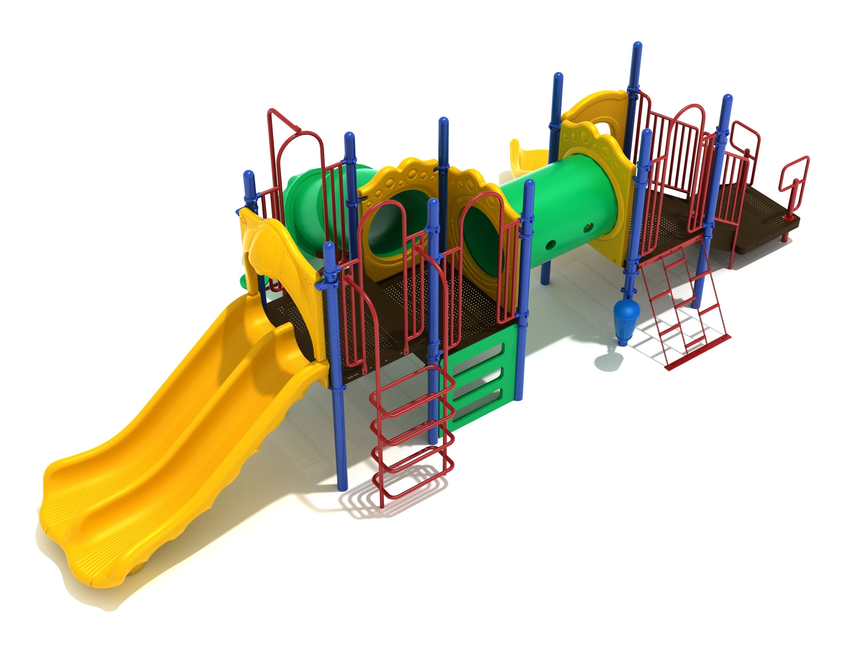 Colorful playground structure with yellow double slide, green tube tunnel, red climbing ladders, and blue support poles