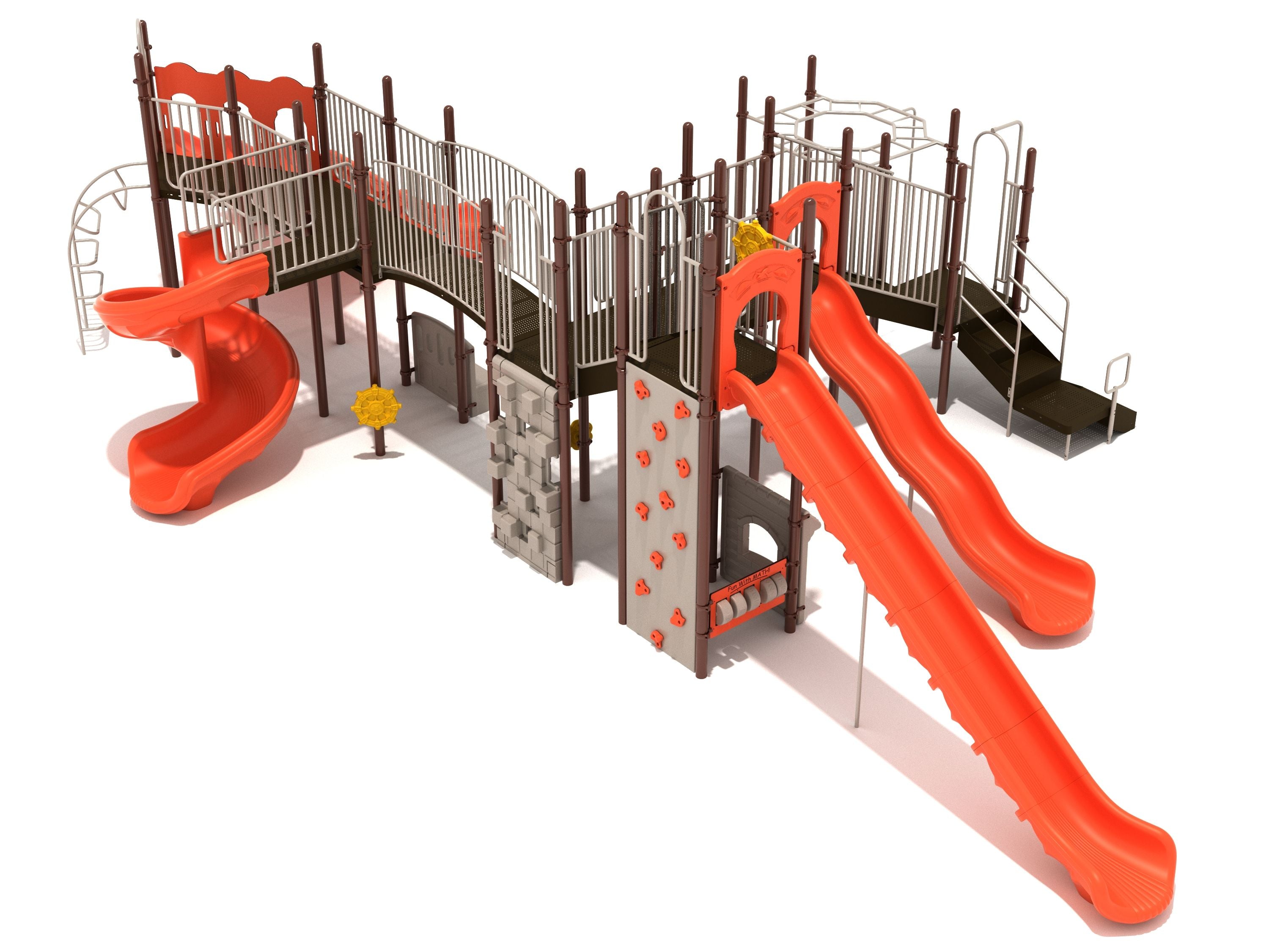 Large playground structure with multiple orange slides, climbing walls, ladders, and interactive play panels for active kids.
