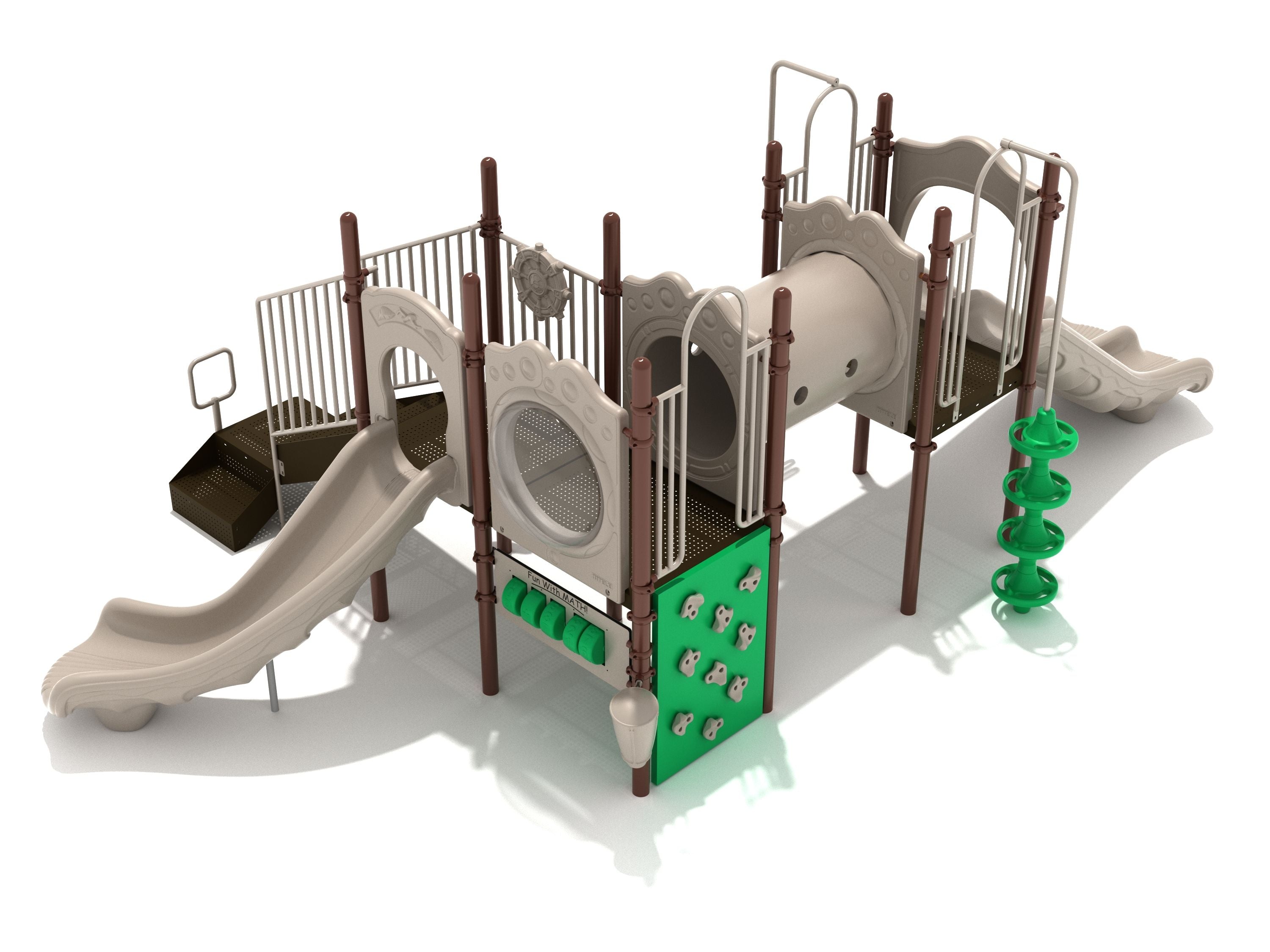 Beaufort Playground large play system with double slides, tube bridge, climbing wall, pod and snake climbers, and math panel in neutral tones