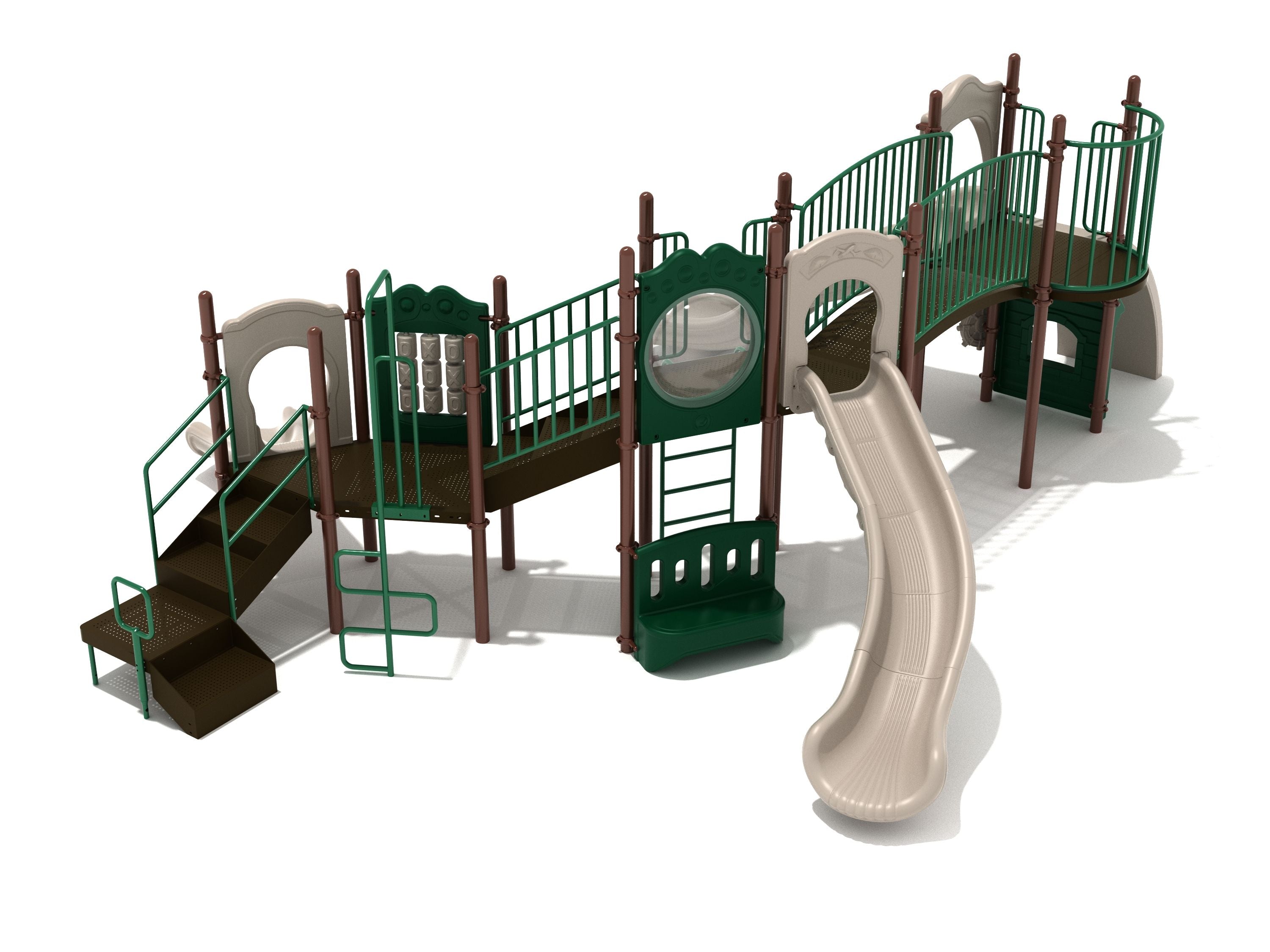 Neutral-tone commercial playground with right-turn slide, multiple ladders, bubble panel, bridge, and tiered platforms