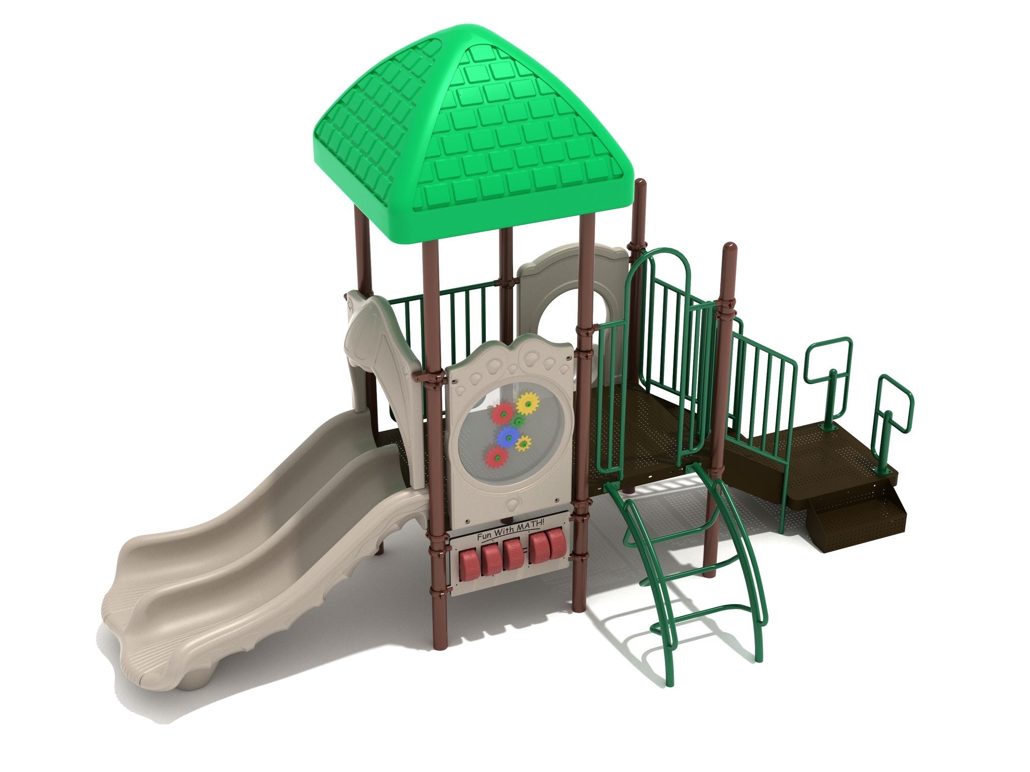 Haymarket Playground preschool playset with green square roof, double slide, colorful gear panel, and inverted arch ladder for ages 2–5