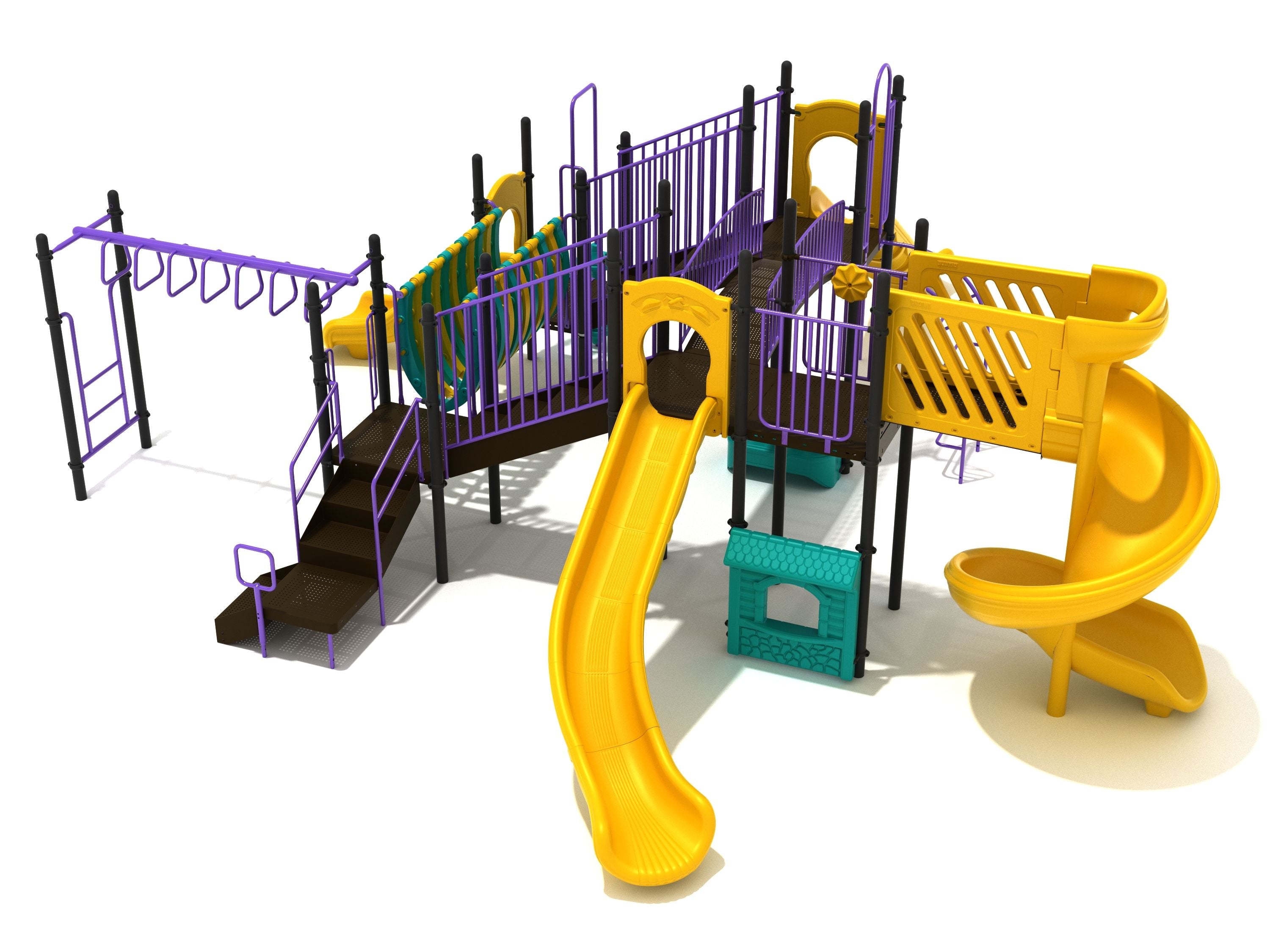 Large commercial playground with decks, spiral and straight slides, bridges, monkey bars, climbers in yellow and purple.