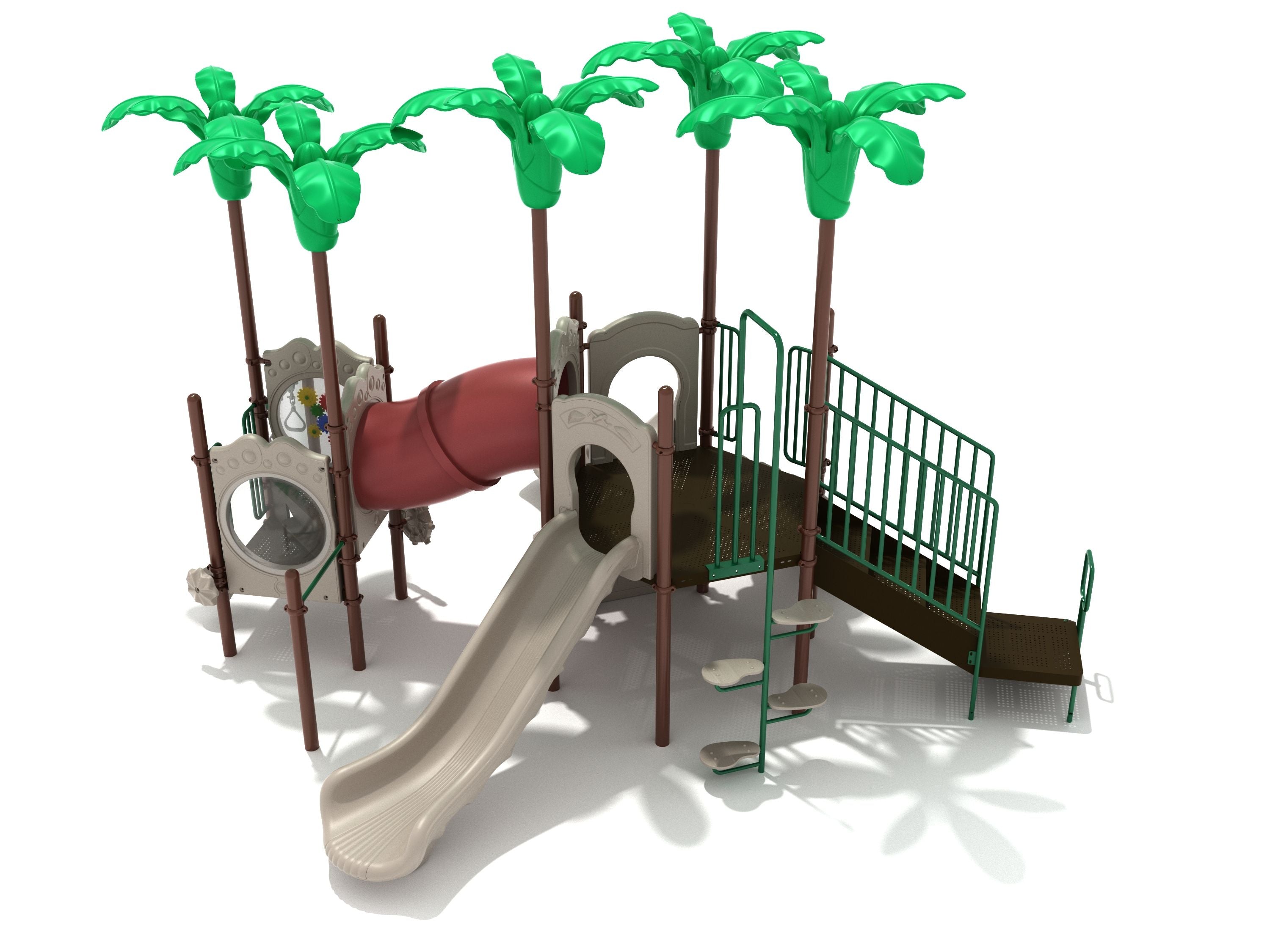 Tempe Playground large play system with dual straight slides, tube bridge, climbers, gear and bubble panels, palm tree toppers in tropical design