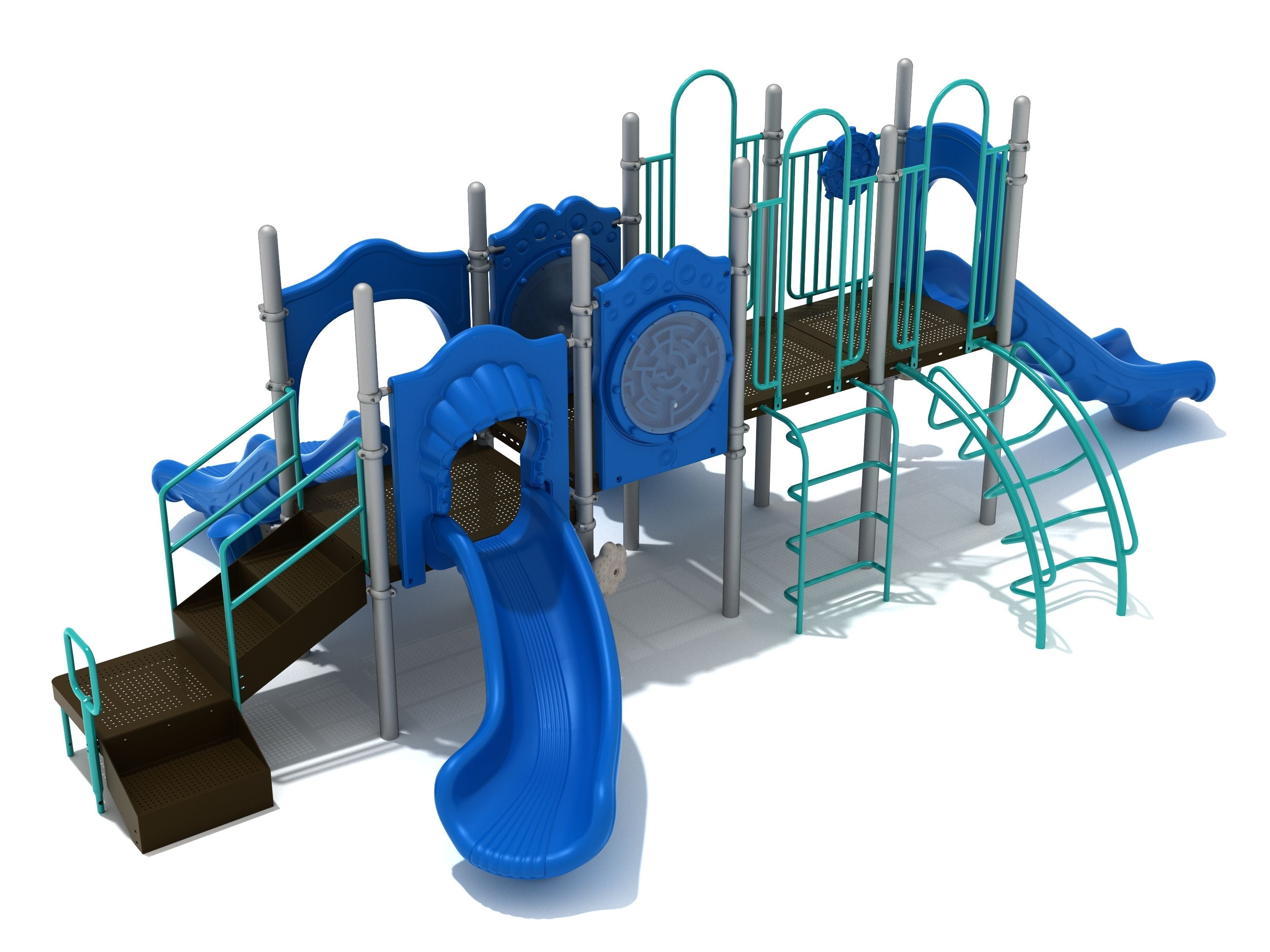 Blue and teal playground structure with multiple slides, climbers, interactive panels, and a ship’s wheel on a linear layout