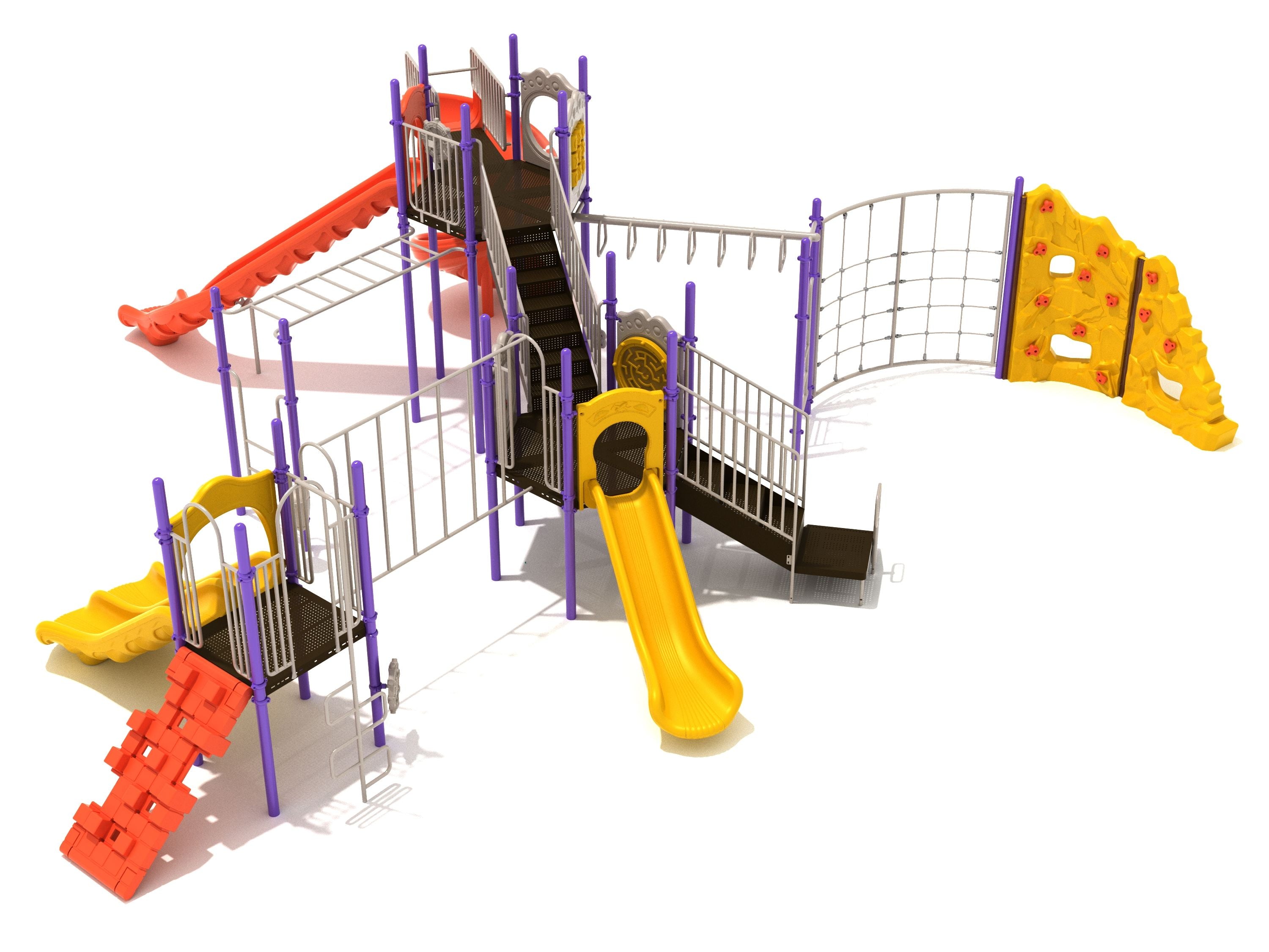 Colorful large playground structure with multiple slides, climbing walls, ladders, bridges, and net climbers for active play and fitness.