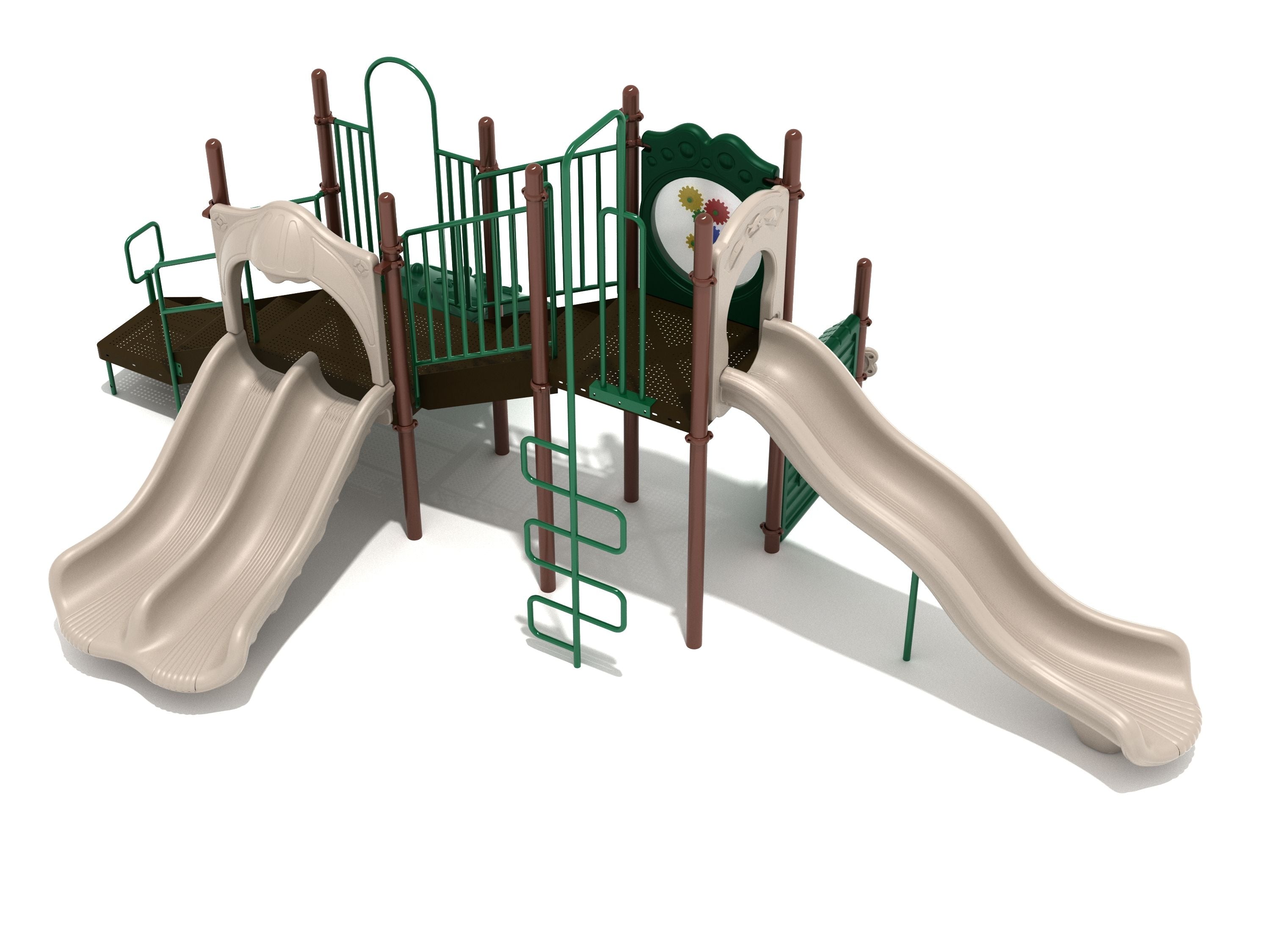Playground structure with beige double and wave slides, green railings, climbing ladder, and interactive gear panel.