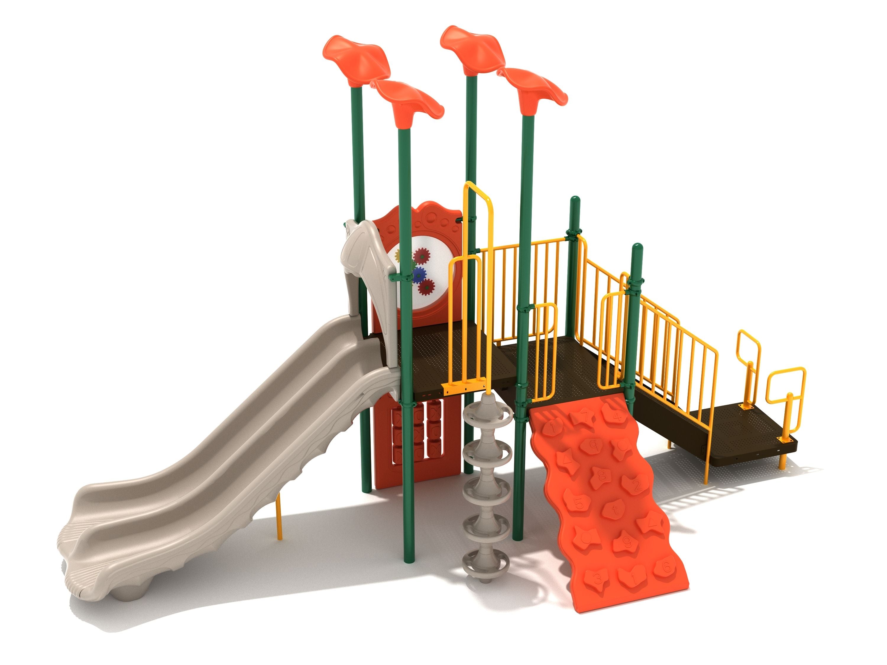 Compact playground structure with double wave slide, orange climbing wall, gear panel, tic-tac-toe, and yellow railings