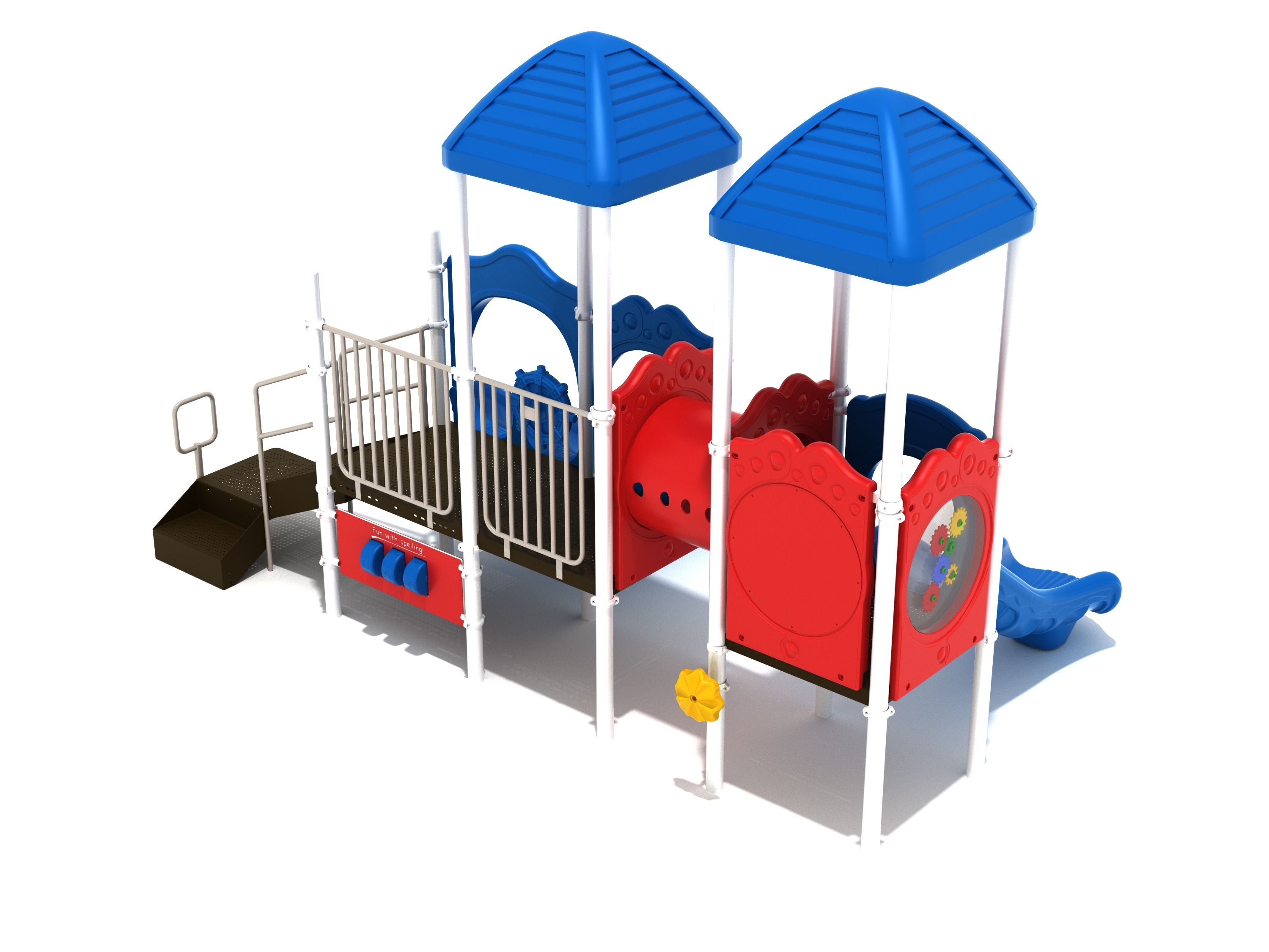 Preschool playground structure with two blue roofs, red panels, three parallel slides, tube tunnel, gear and spelling panels, and a small enclosed clubhouse area.