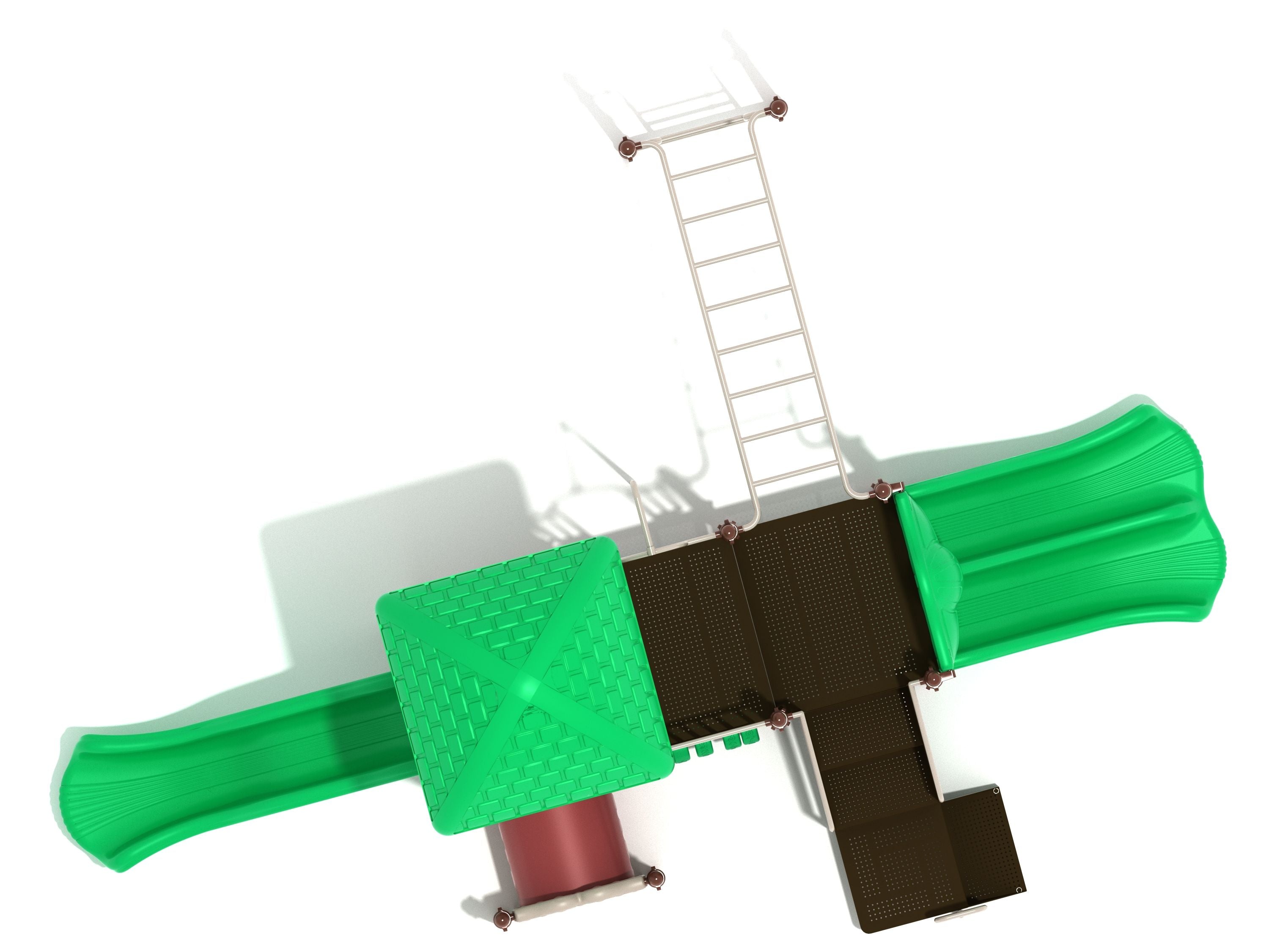 Overhead view of playground structure with green wave slide, brown platforms, metal horizontal ladder, and crawl tube tunnel beneath