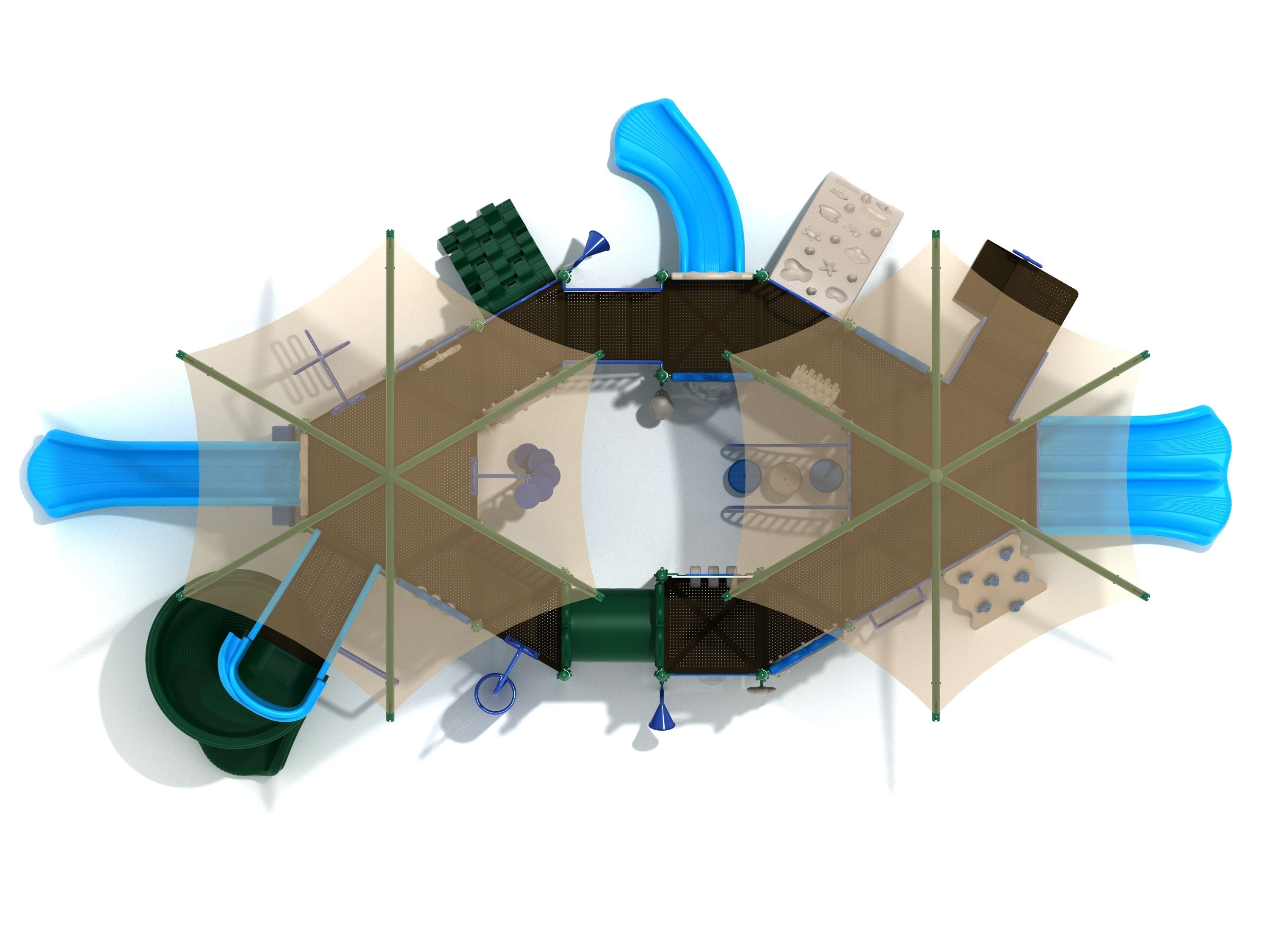 Overhead view of a large commercial playground with slides, climbing walls, shaded platforms, and interactive play panels