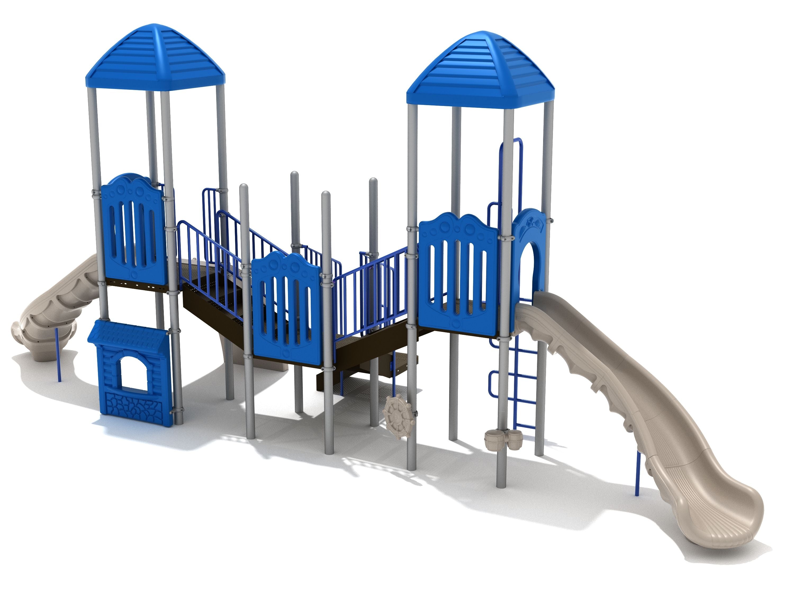 Blue and gray playground structure with two turrets, two right-turn slides, climbing ladders, ship’s wheel, bongos, and store panel