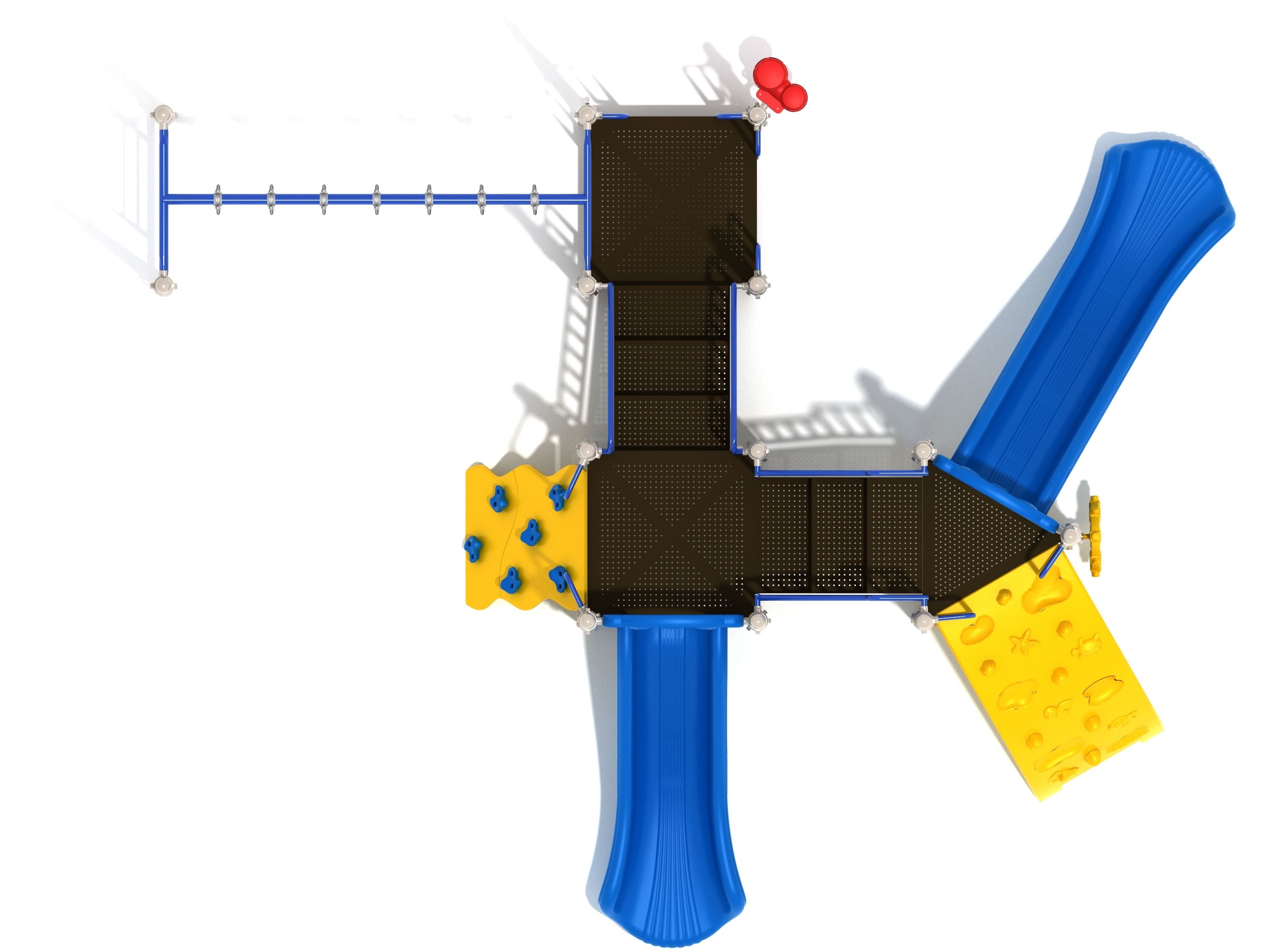 Overhead view of a large playground structure with blue slides, yellow climbing walls, swinging rung ladder, and ship’s wheel.