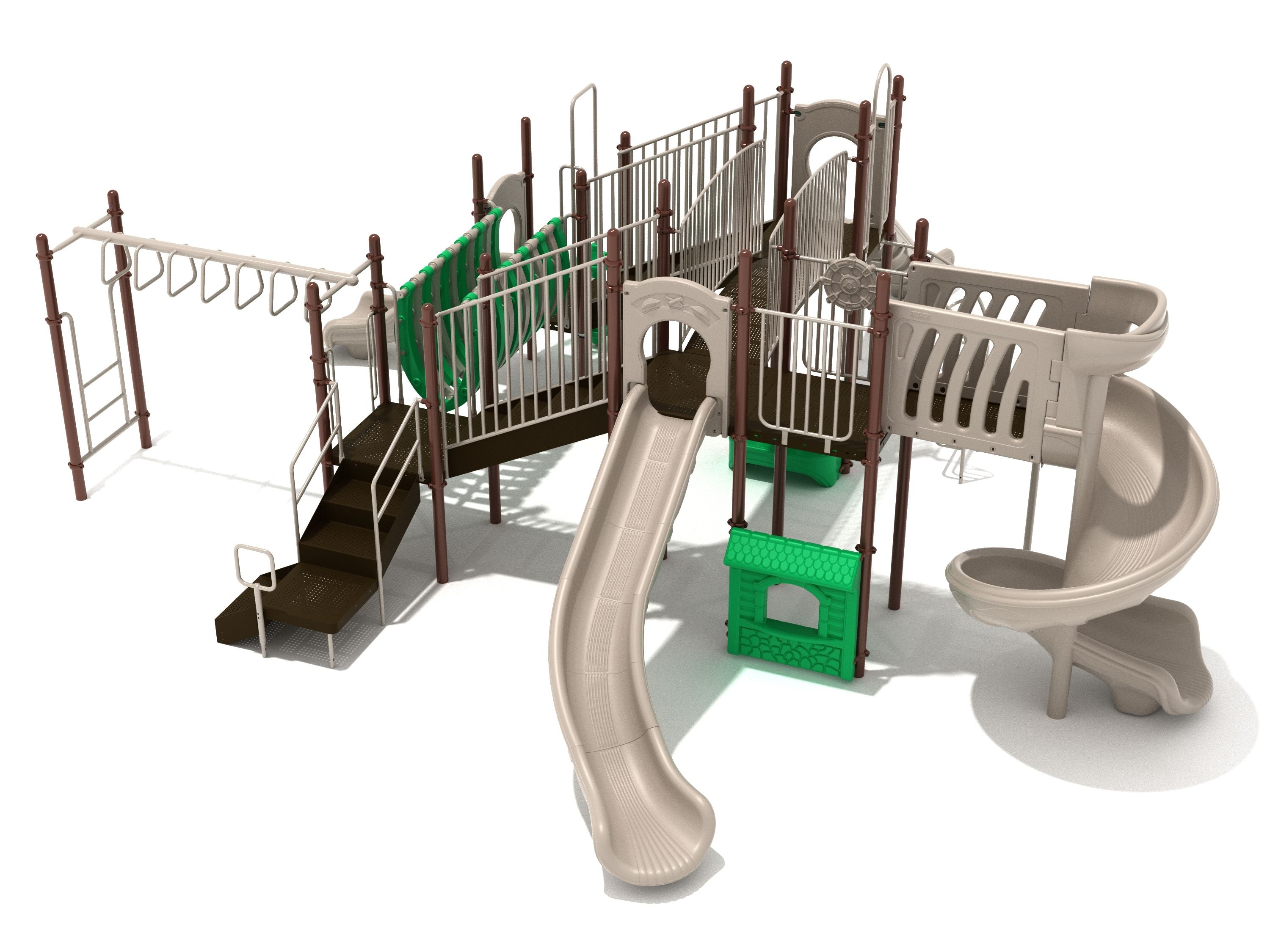 Modular playground play system with spiral and straight slides, arch and bones bridges, climbers, and monkey bars.