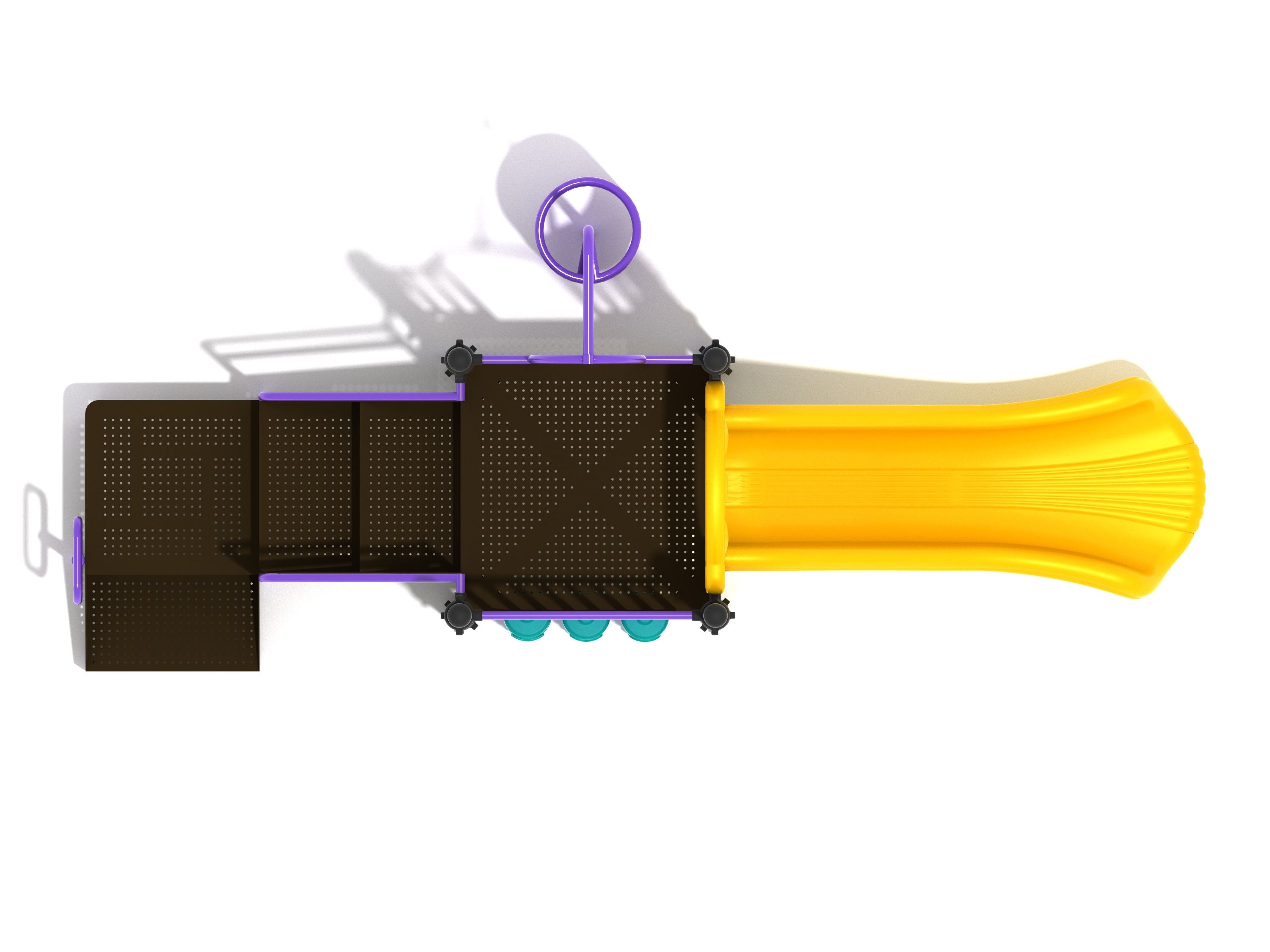 Overhead view of compact playground with yellow straight slide, purple spiral climber, and tic-tac-toe panel